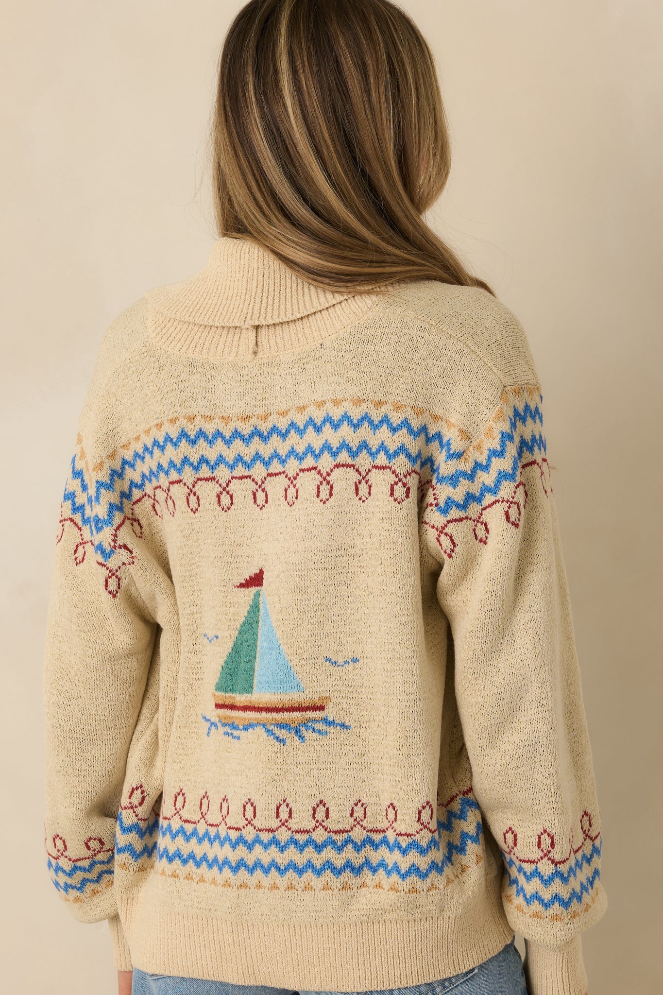 Coast Is Clear Light Beige Multi Knit Button-Up Sailboat Cardigan Sweater