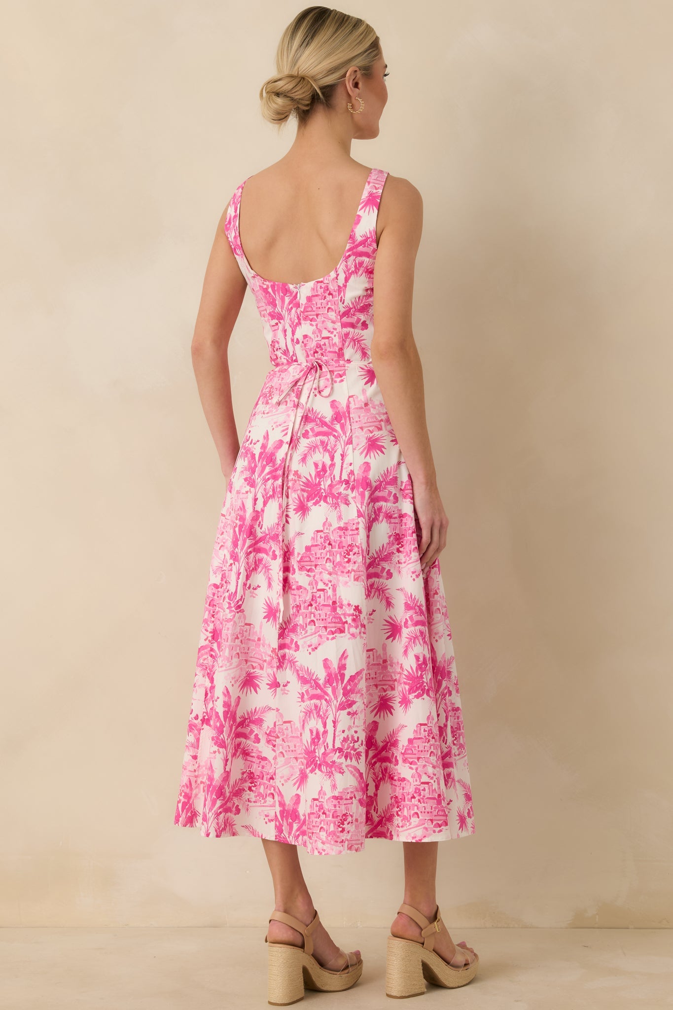 Destination Daydream Hibiscus Pink Palm Print Tie Back Midi Dress