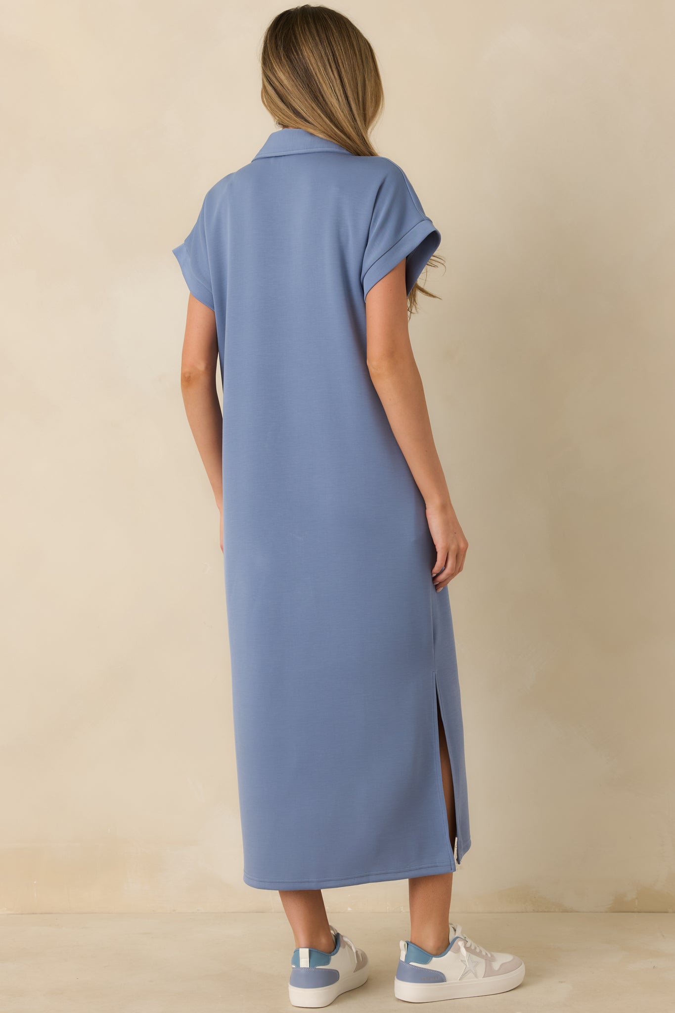Made The Right Call Chambray Blue Collared Midi T-Shirt Dress