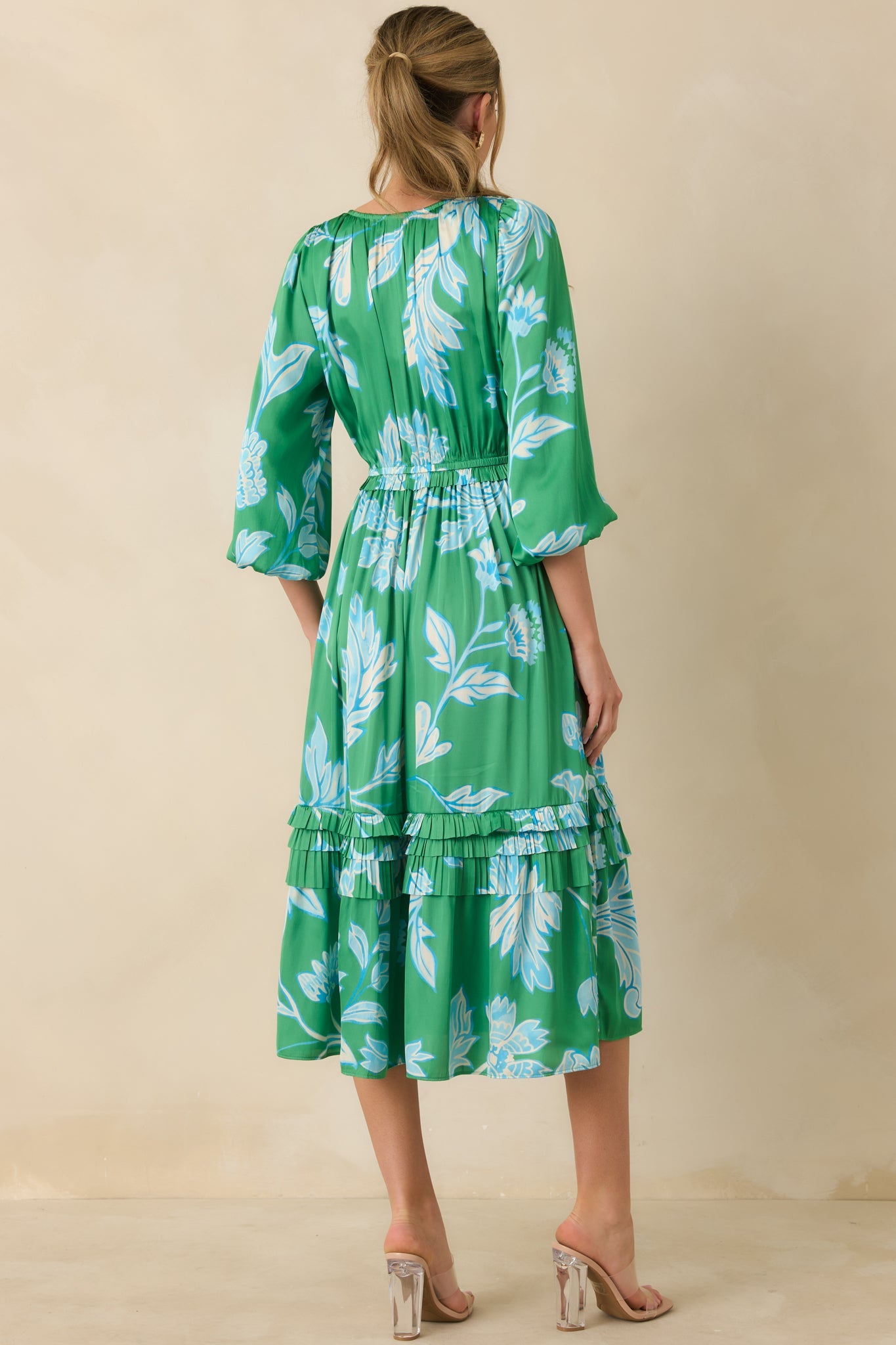 In Perfect Harmony Green & Blue Floral Print V-Neck Midi Dress
