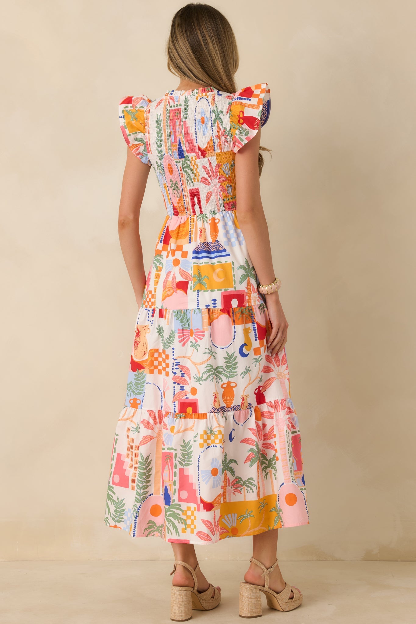 Where the Sun Goes Orange & Pink Multi Cotton V-Neck Flutter Sleeve Maxi Dress
