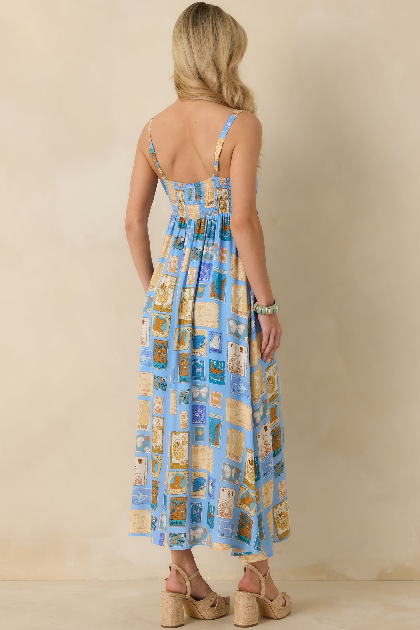 From Far & Away Blue Multi Vintage Stamp Print Midi Dress