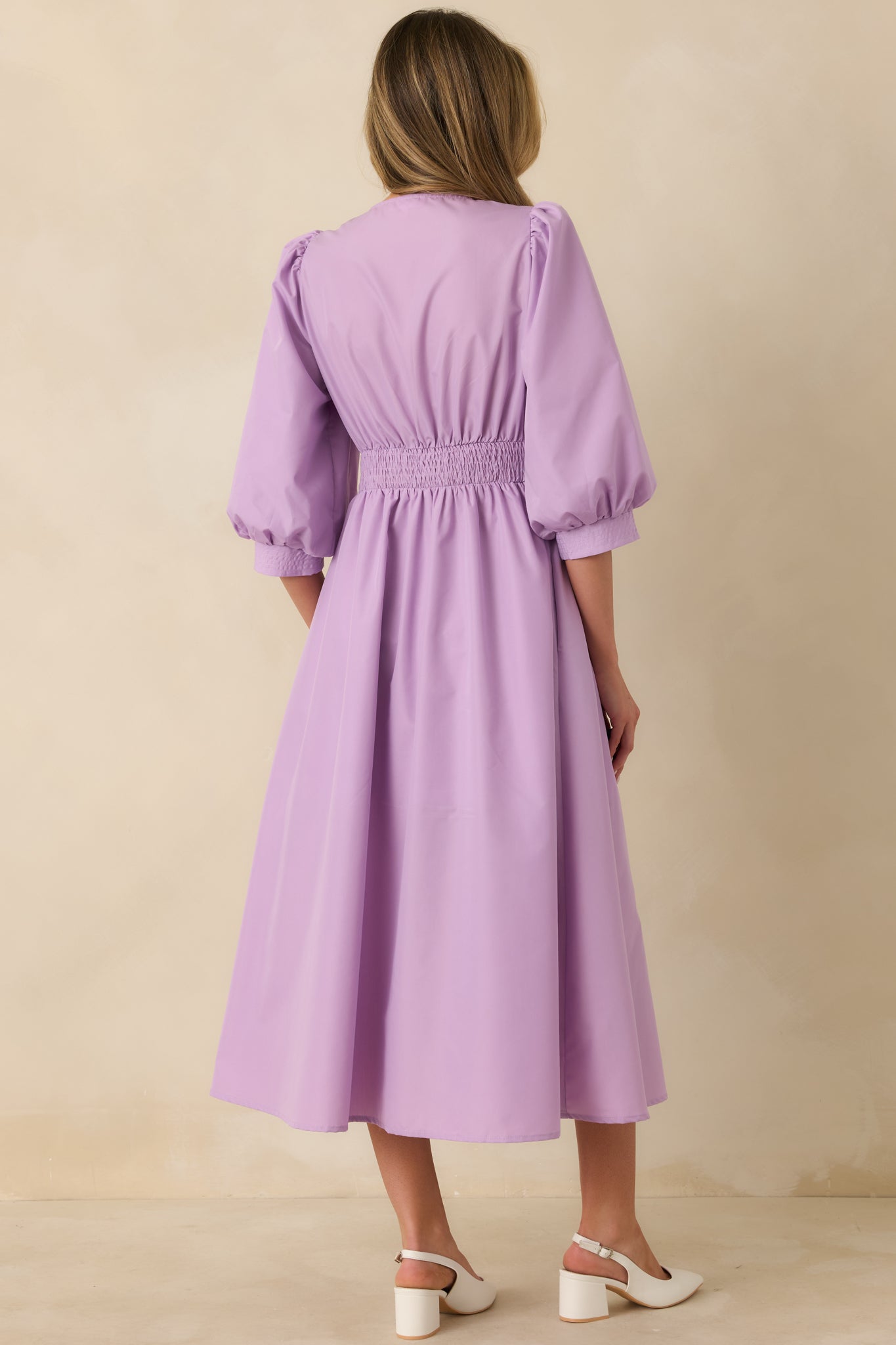 To Be Fair Lavender Blouson Sleeve Zip Up Midi Dress
