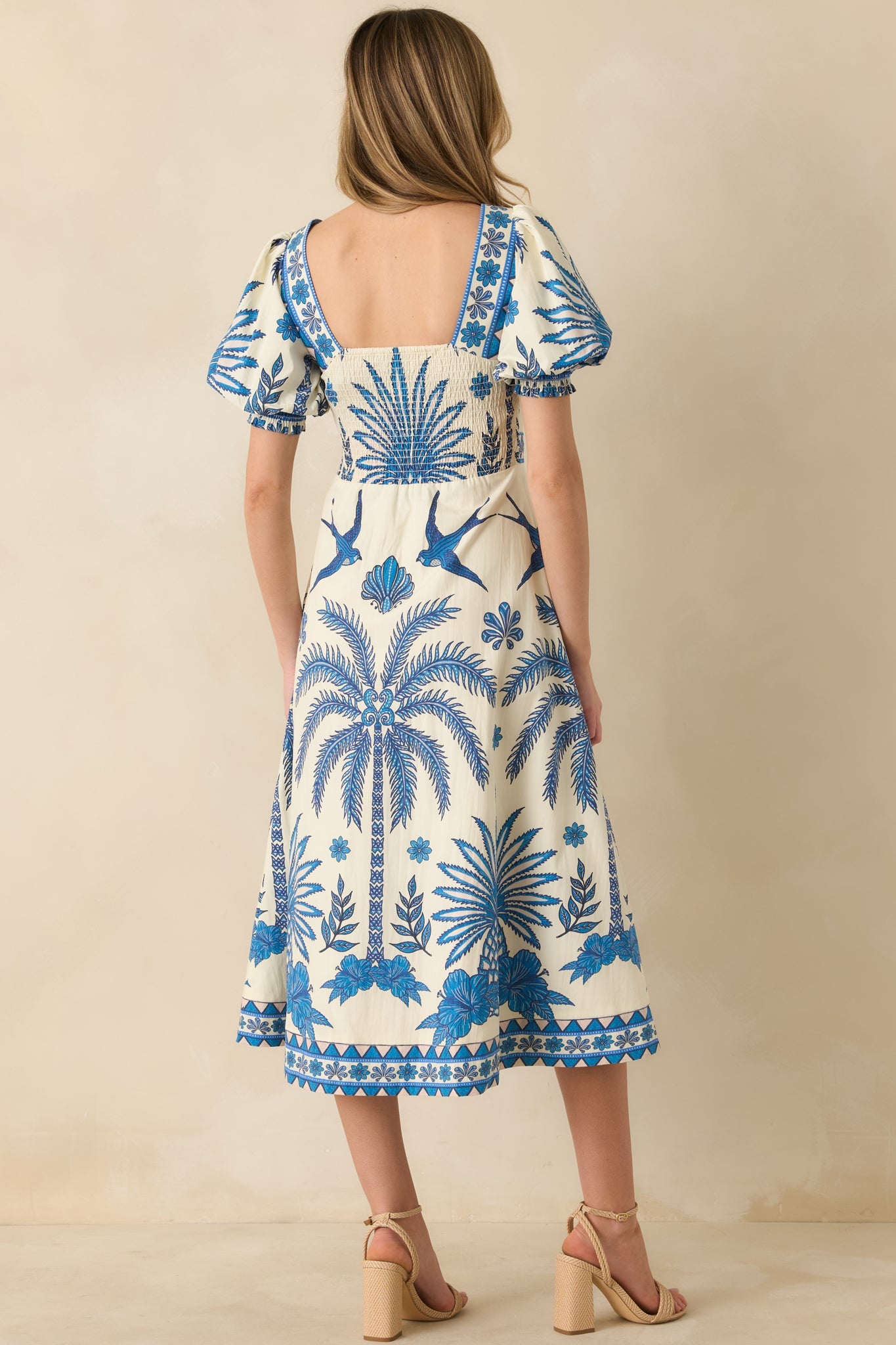 Aylaya Godthab Vibrant Blue & Ivory Cotton Tropical Print Midi Dress