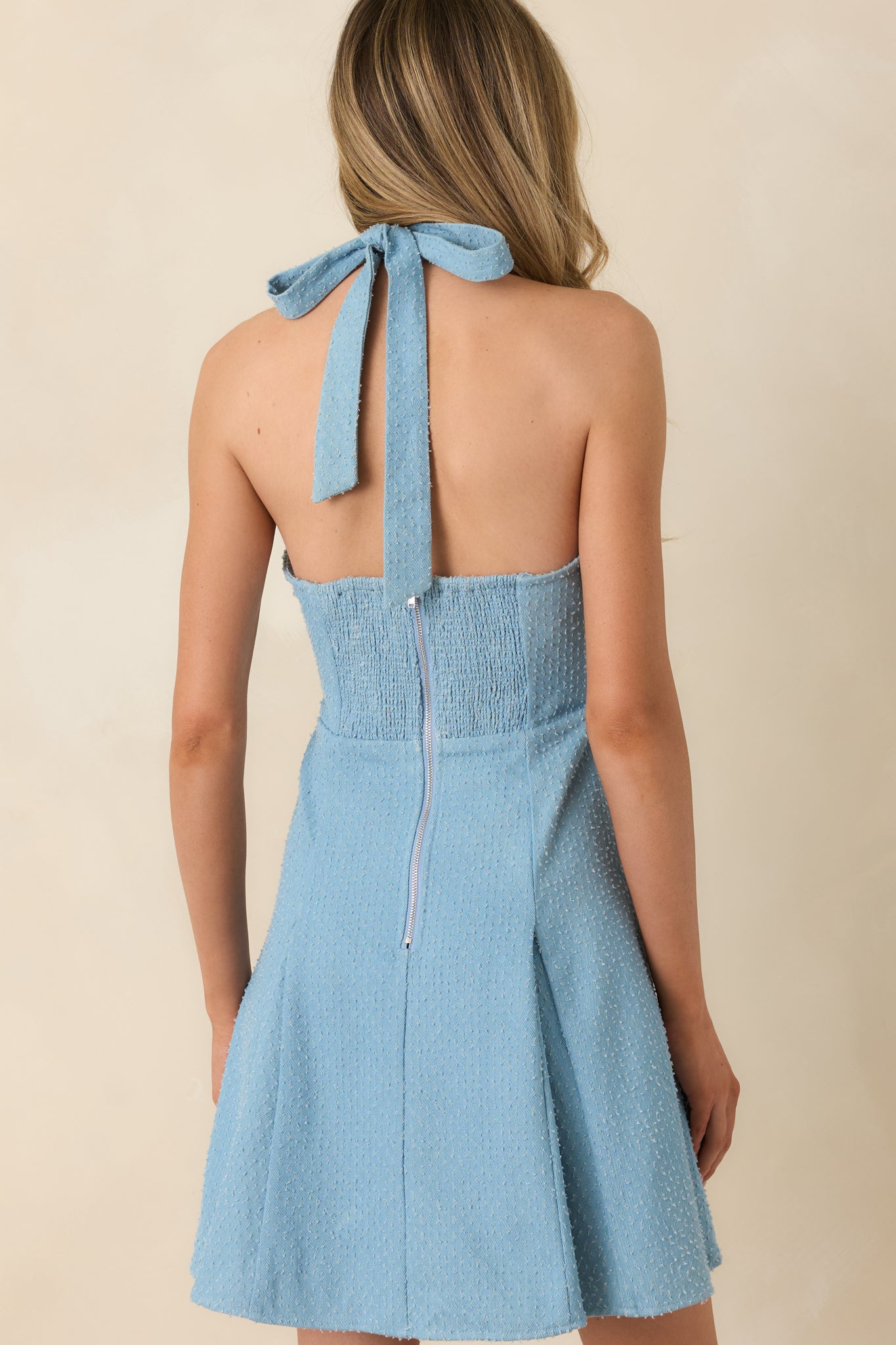 Caught In A Daydream Light Blue Floral Detail Halter Mini Dress