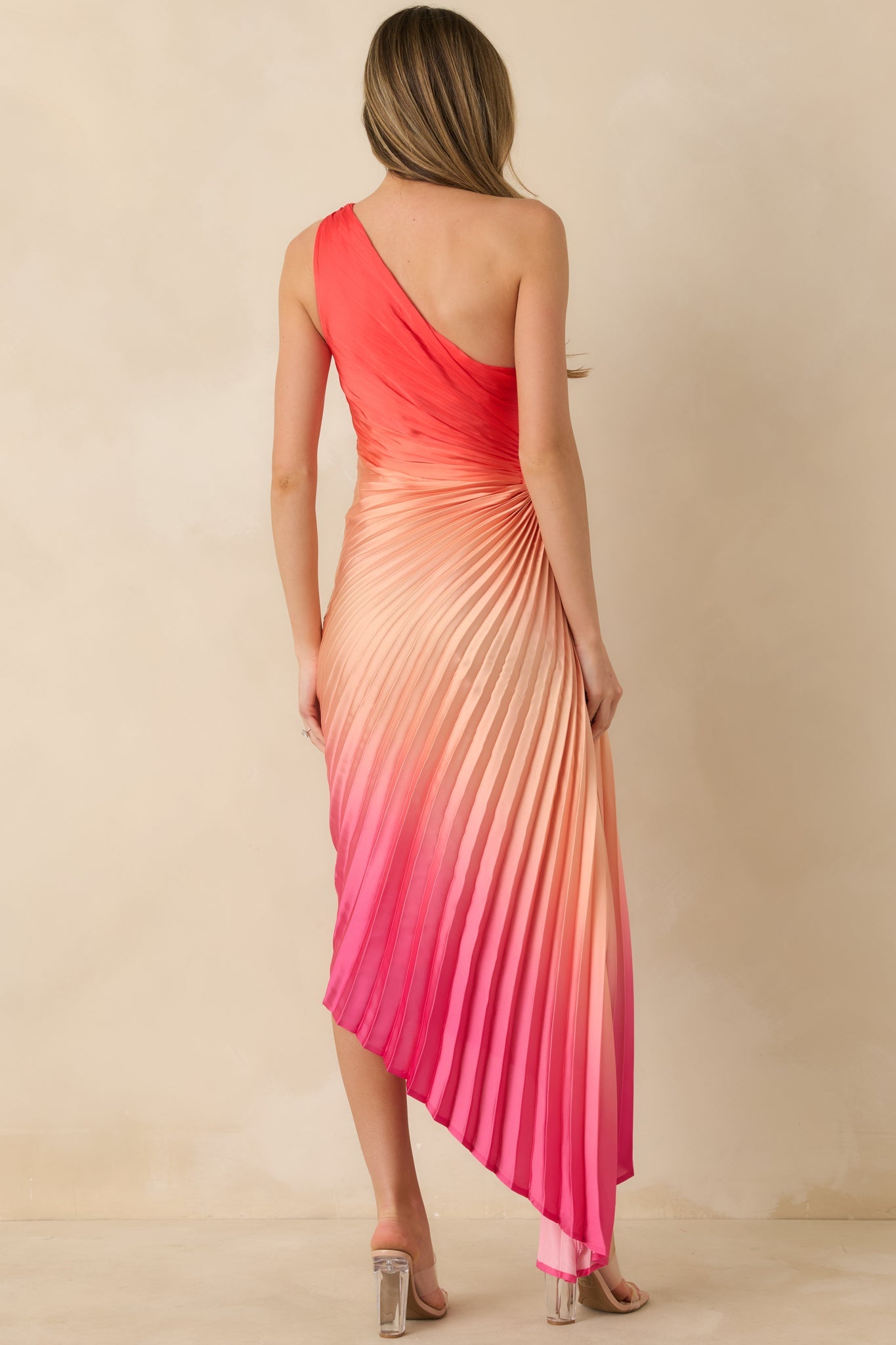 Poetic Charm Coral Pink Ombre Asymmetric One Shoulder Maxi Dress