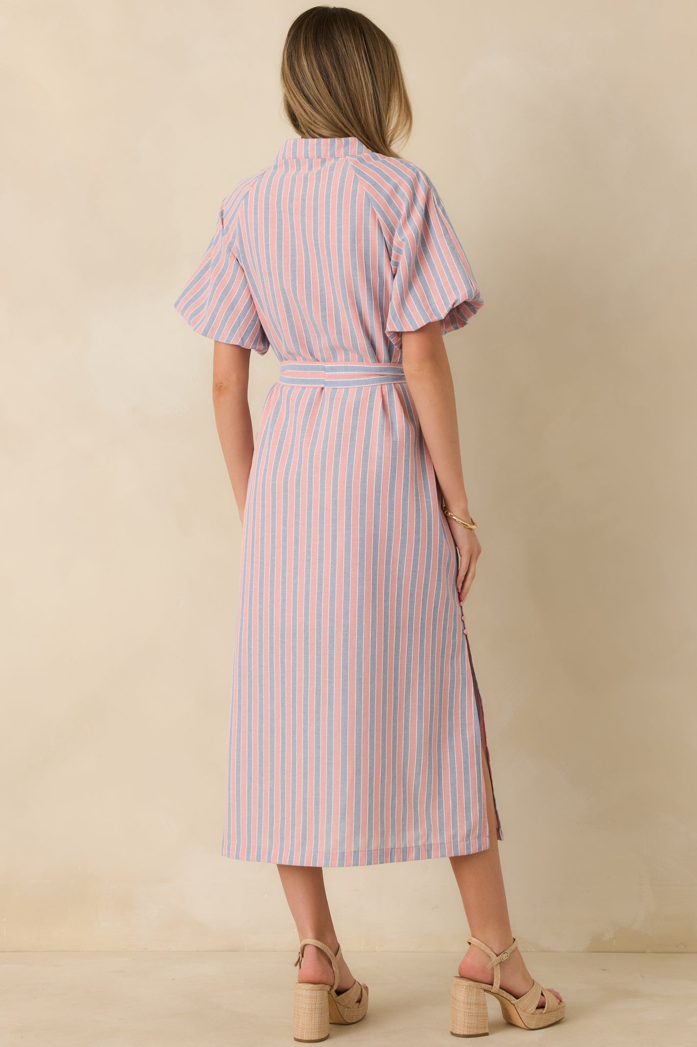 Elegantly In Route Pink & Blue Stripe Cotton Blend Belt Tie Midi Dress