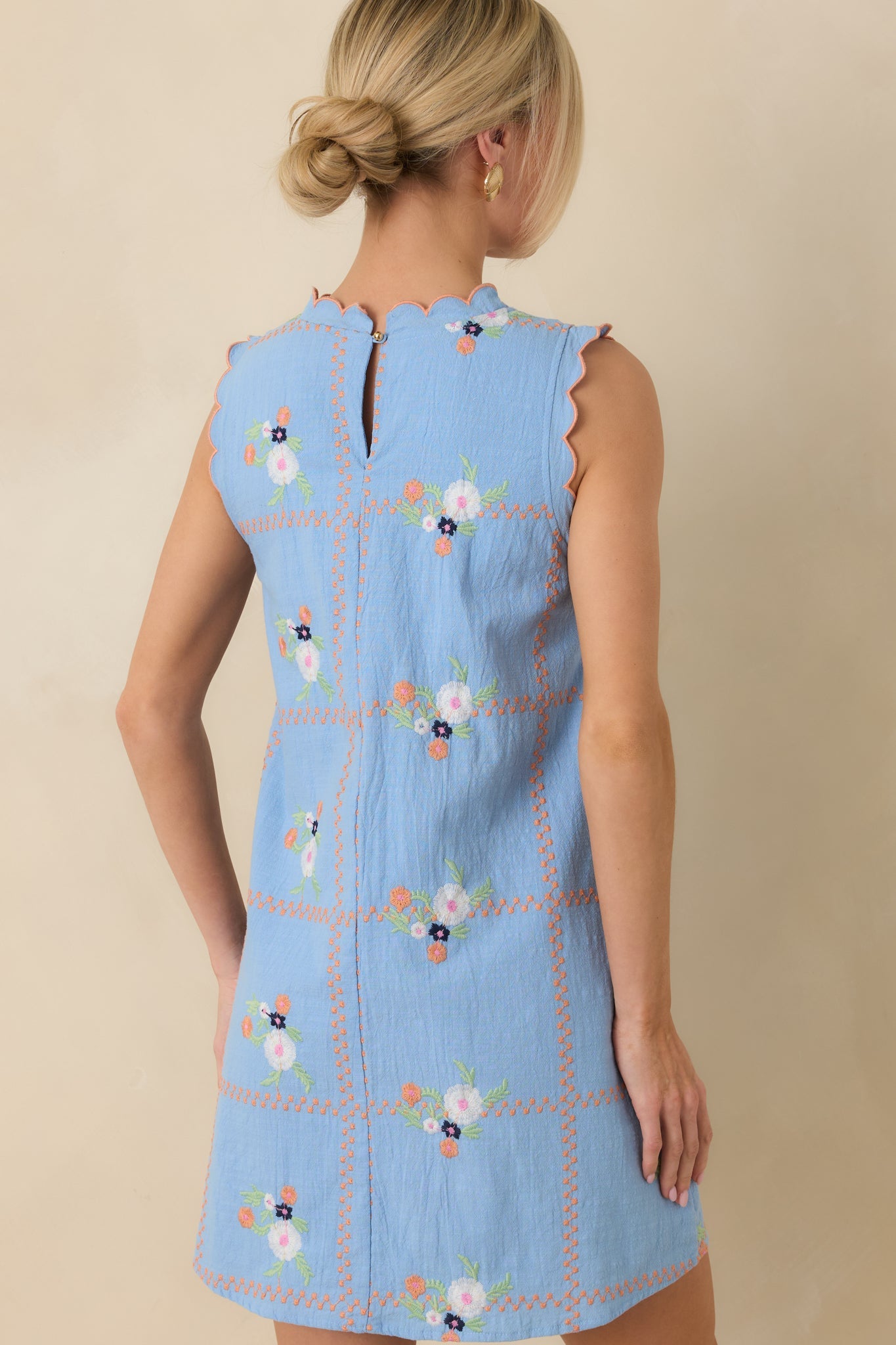 A Sweet Escape Light Blue Multi Floral Embroidered Cotton Sleeveless Mini Dress