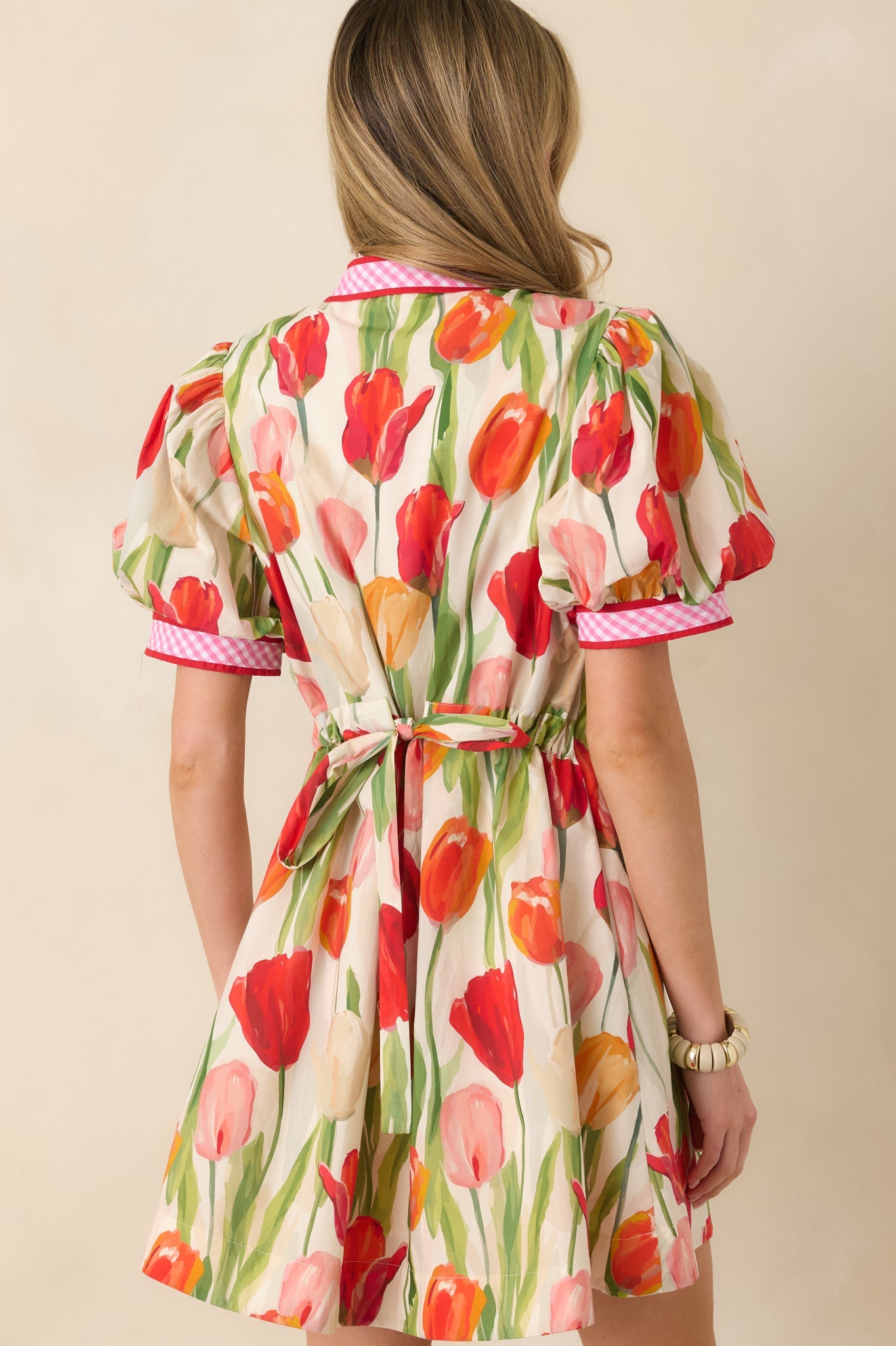 Bright Days Ahead Red Tulip Print Cotton Short Sleeve Mini Dress