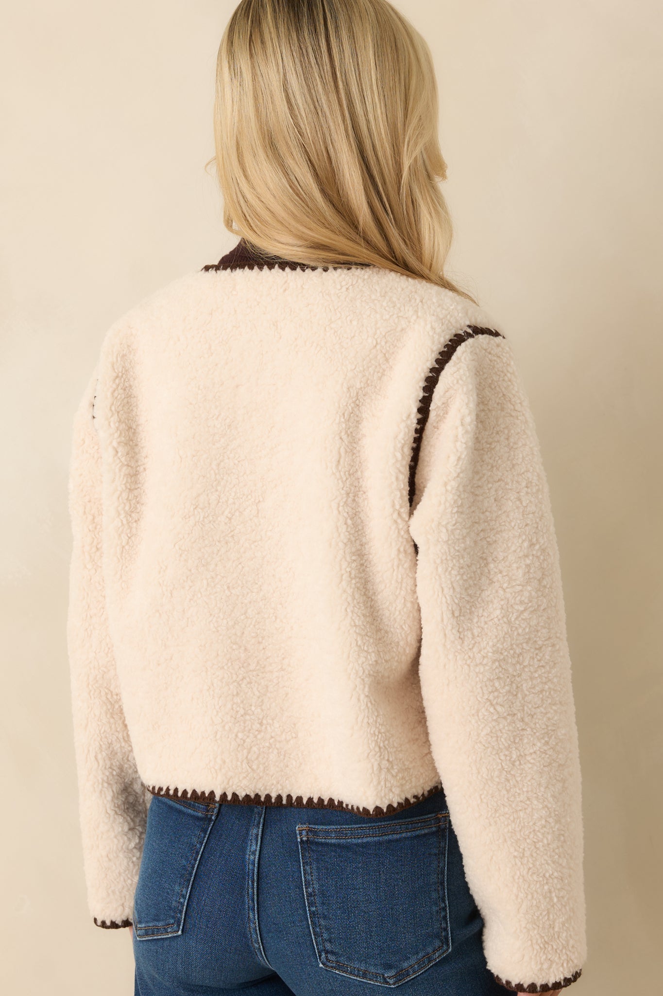 Bound to Be Cozy Ivory & Chocolate Brown Contrast Stitch Sherpa Jacket