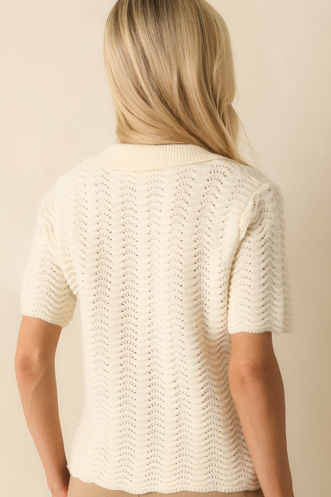 Left It At That Ivory Scalloped Pointelle Knit Short Sleeve Sweater