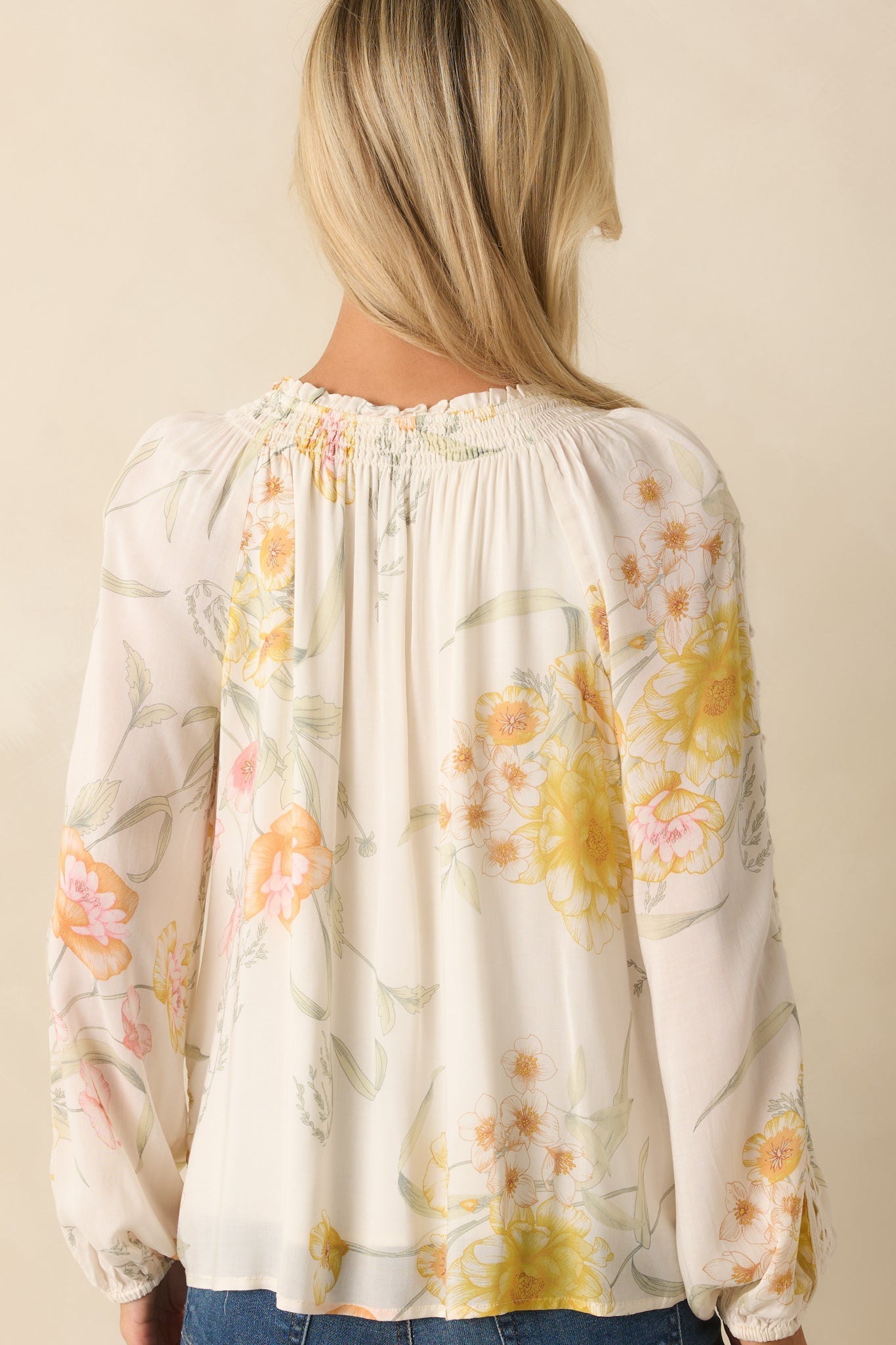 Just Winging It Ivory Multi Floral Print Rayon Long Sleeve Blouse