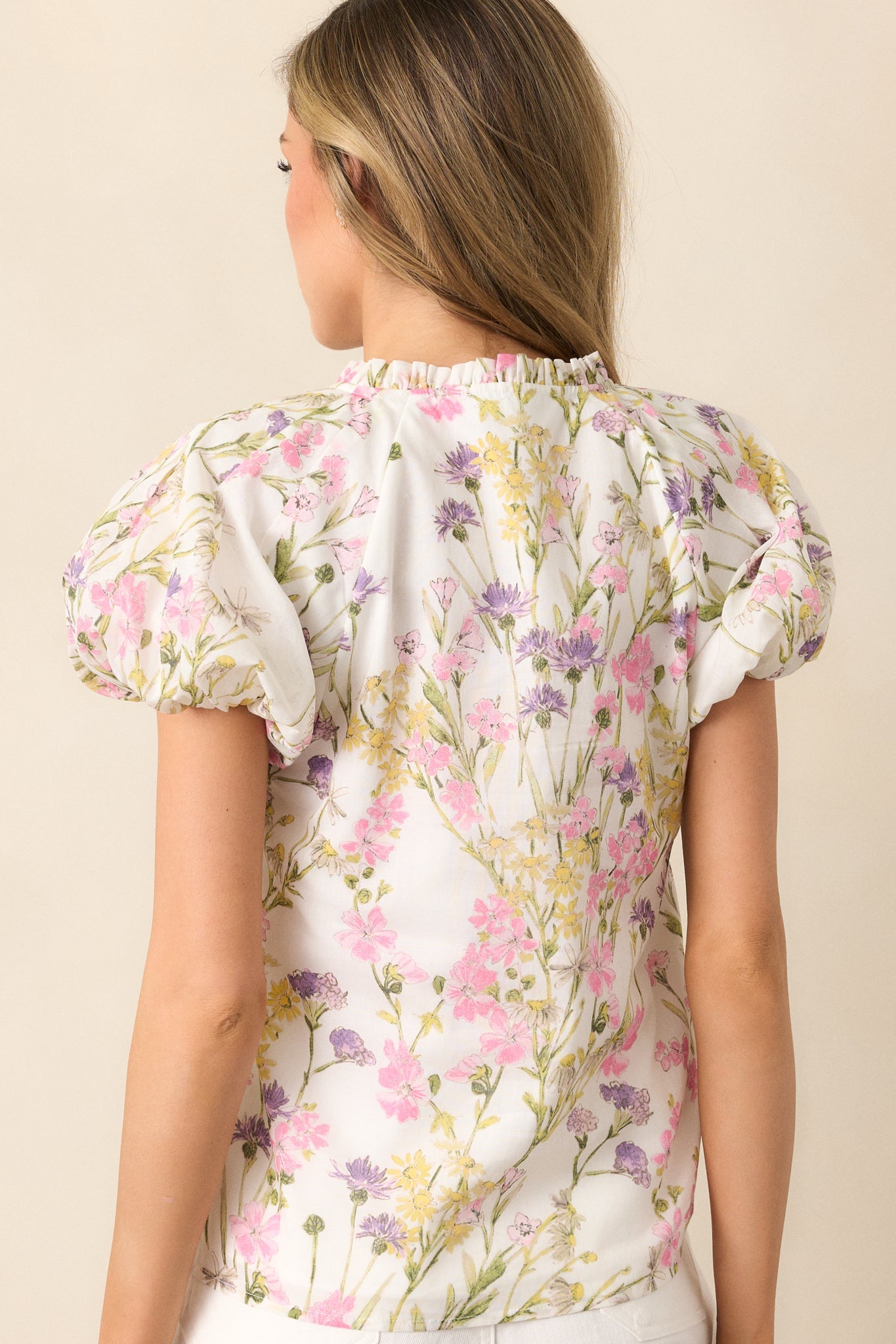 Peaceful Moments Ivory Floral Cotton Puff Sleeve Button Front Top