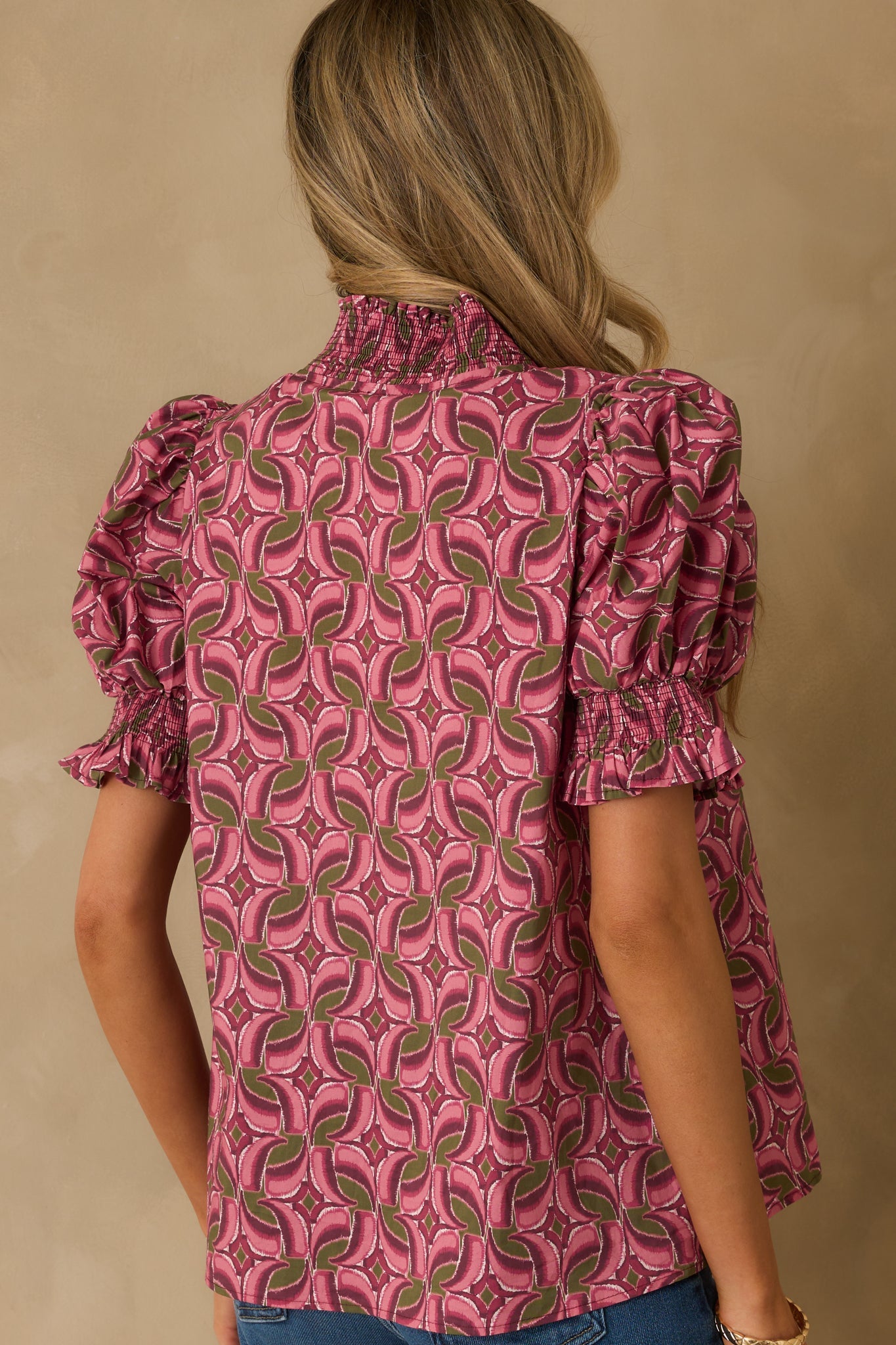 A Gentle Soul Light Mauve Geometric Print Cotton Puff Sleeve Top