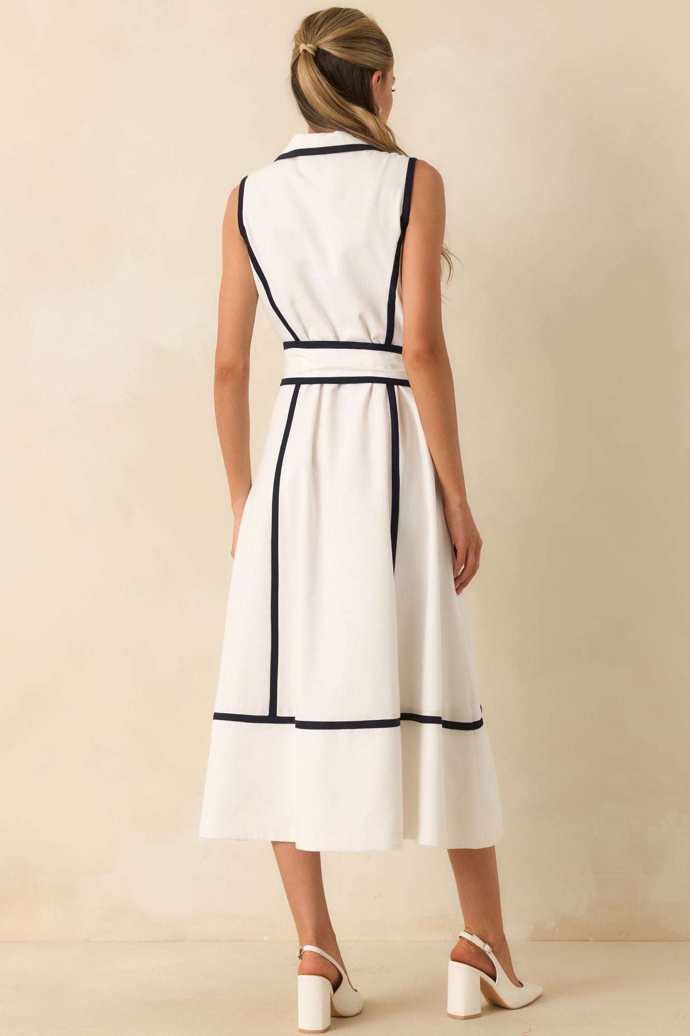 Prosperina Simone White & Navy Contrast Linen Blend Midi Dress