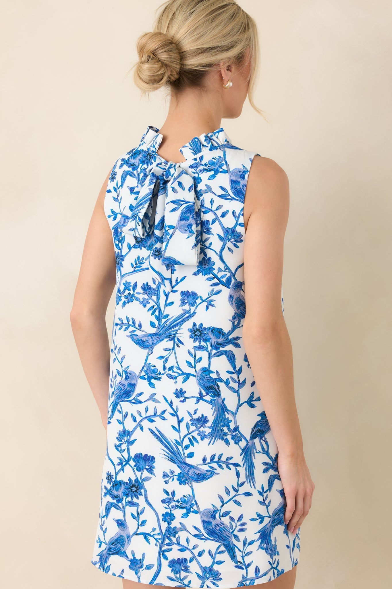 Garden Song Blue & White Bird Print Sleeveless Mock Neck Mini Dress