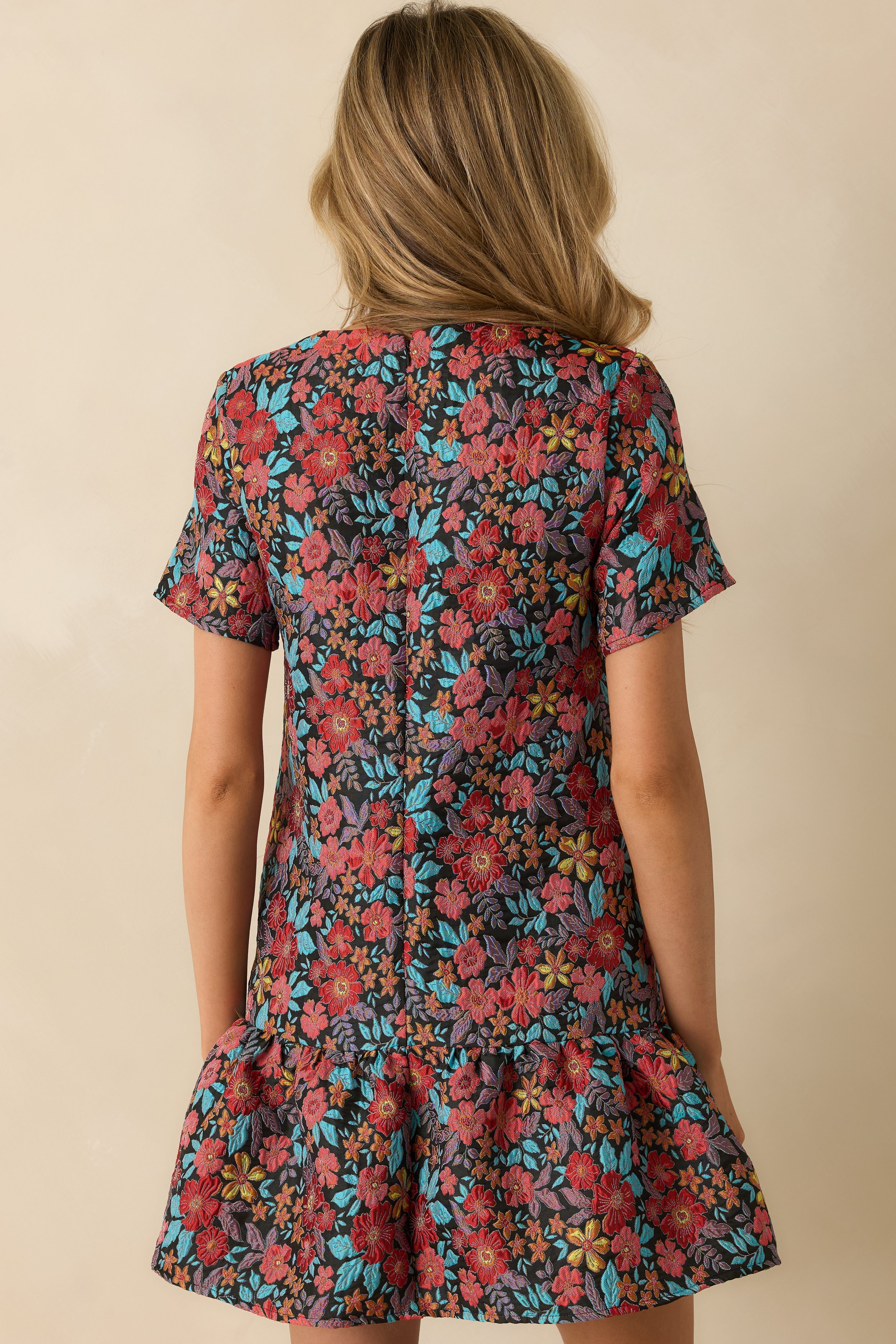 Full Bloom Ahead Black Multi Floral Jacquard Mini Dress