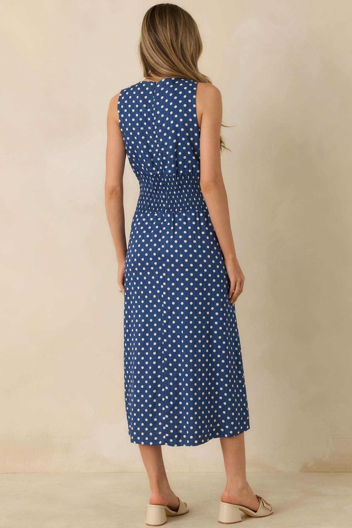 Nothing But Chic Blue Polka Dot Cotton Sleeveless Midi Dress