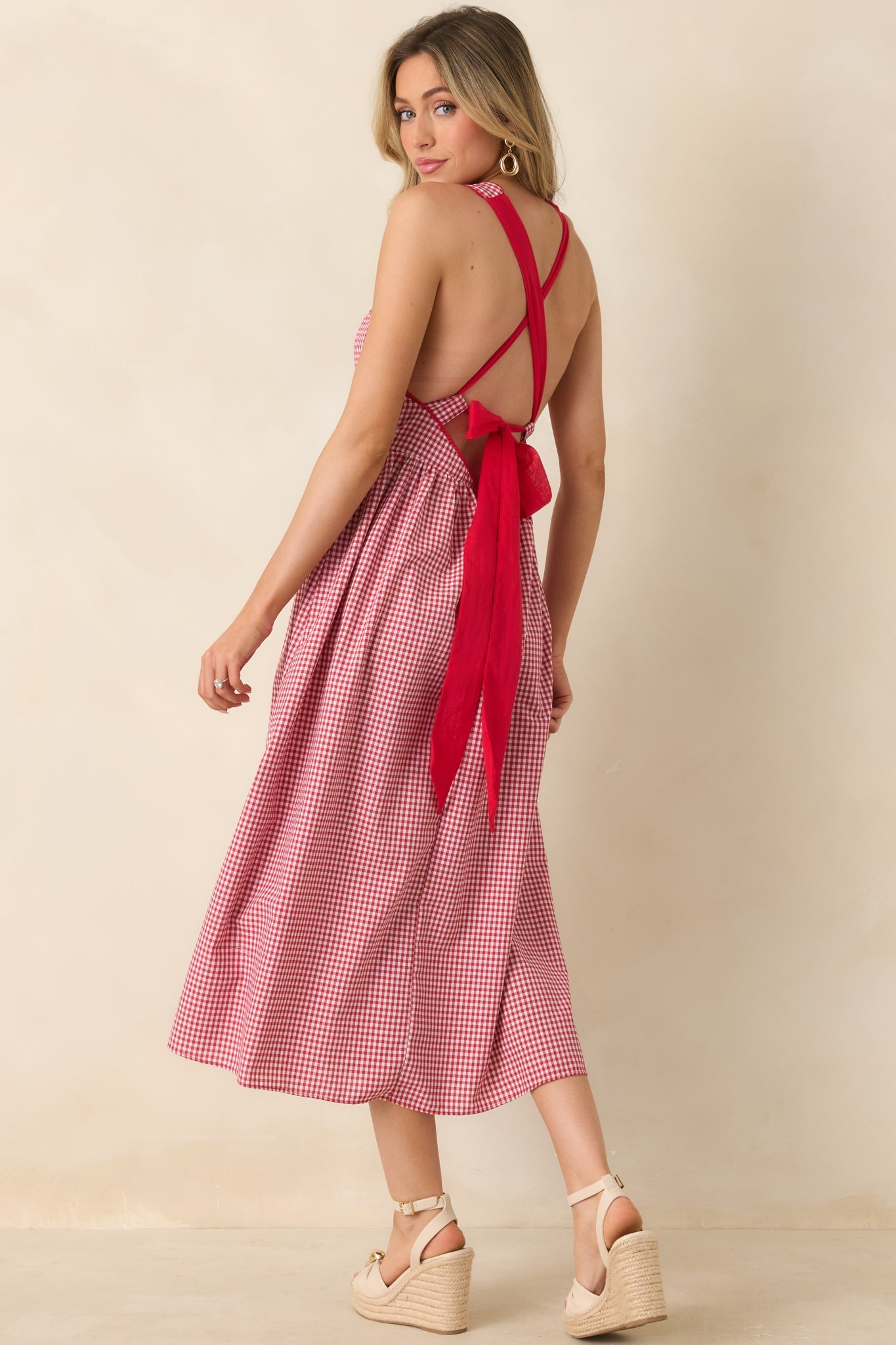 Just Because I Can Red Gingham Open Back Tie Maxi Dress
