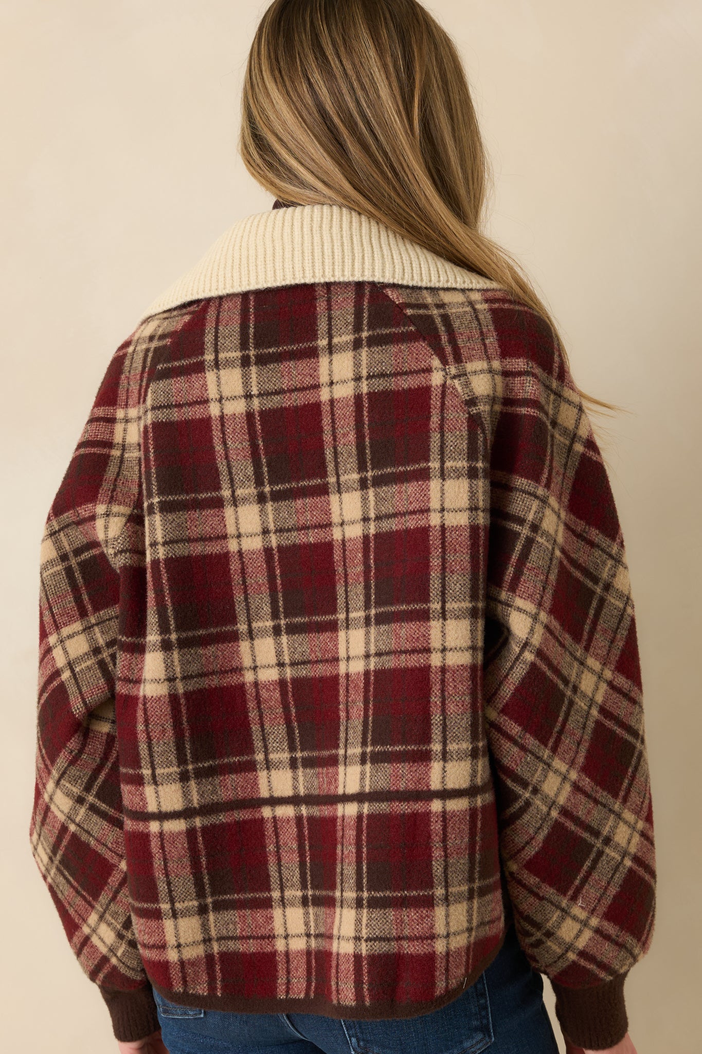 Cabin Check Cranberry Red Plaid Knit Collared Jacket