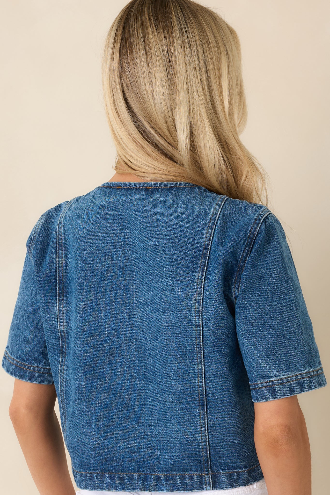 Across the Way Medium Wash Cotton Denim Double Breasted Top