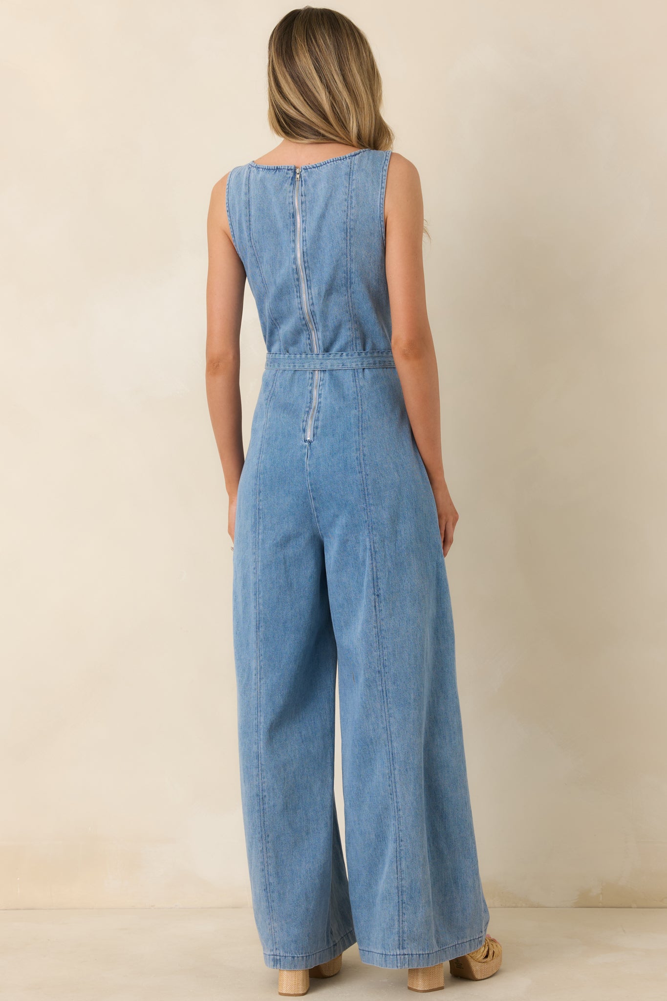 Smooth Operator Light Wash Cotton Denim Sleeveless Jumpsuit