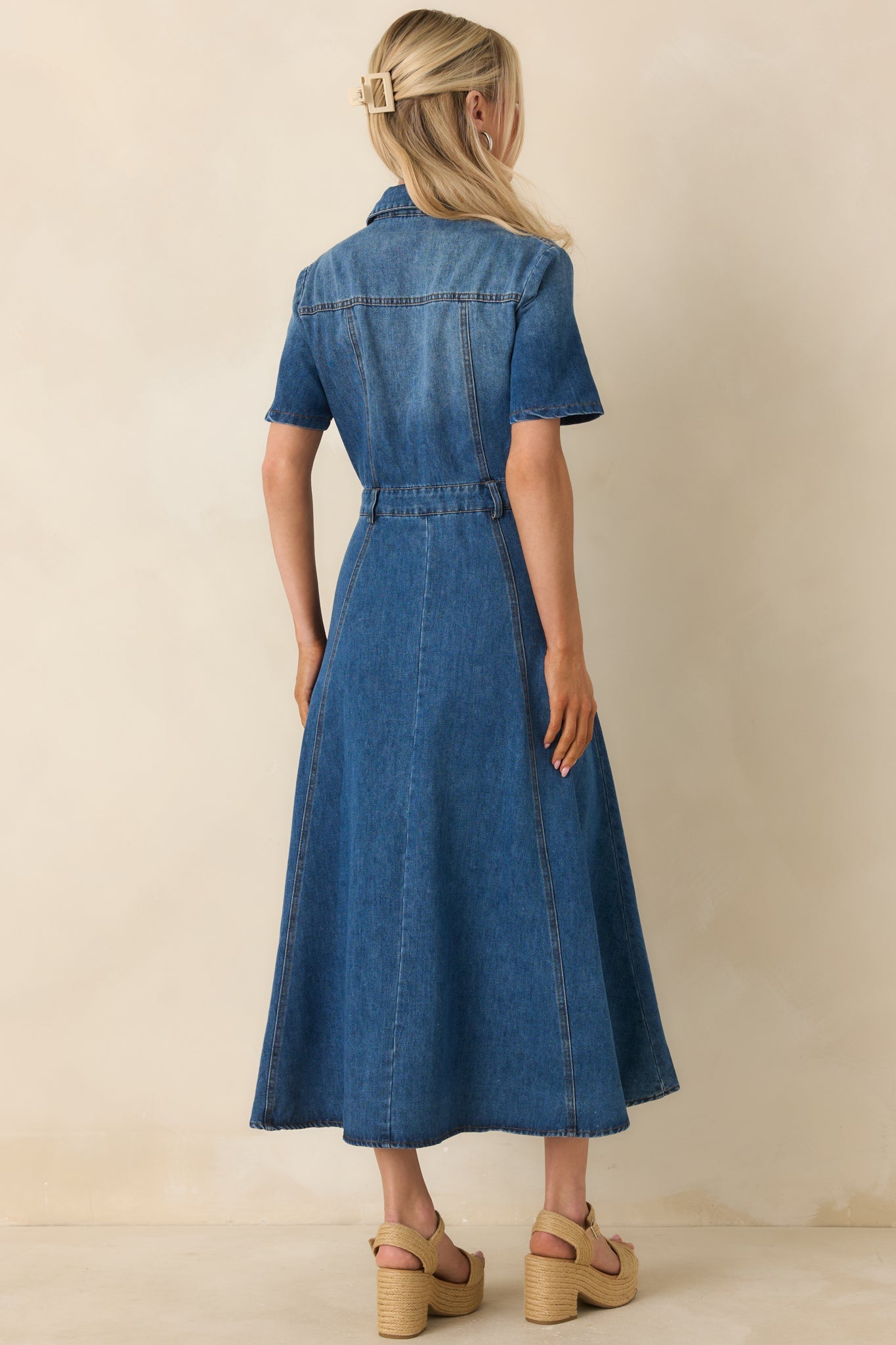 The Right Impression Medium Wash Cotton Denim Midi Dress