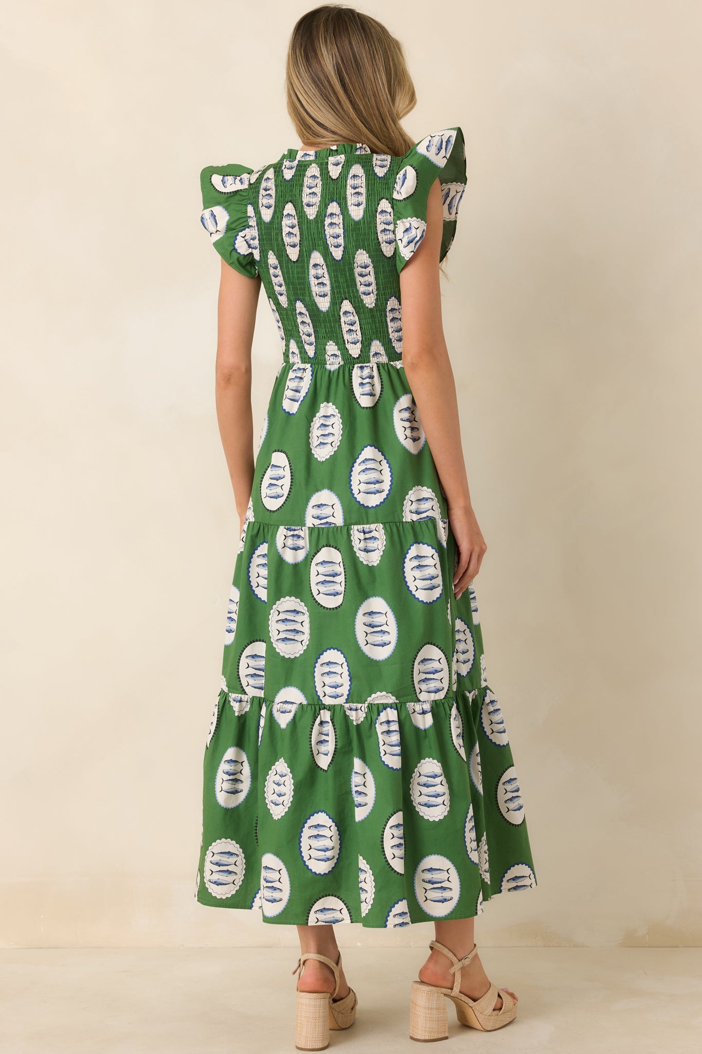 Where the Sun Goes Green Multi Cotton Fish Pattern Maxi Dress