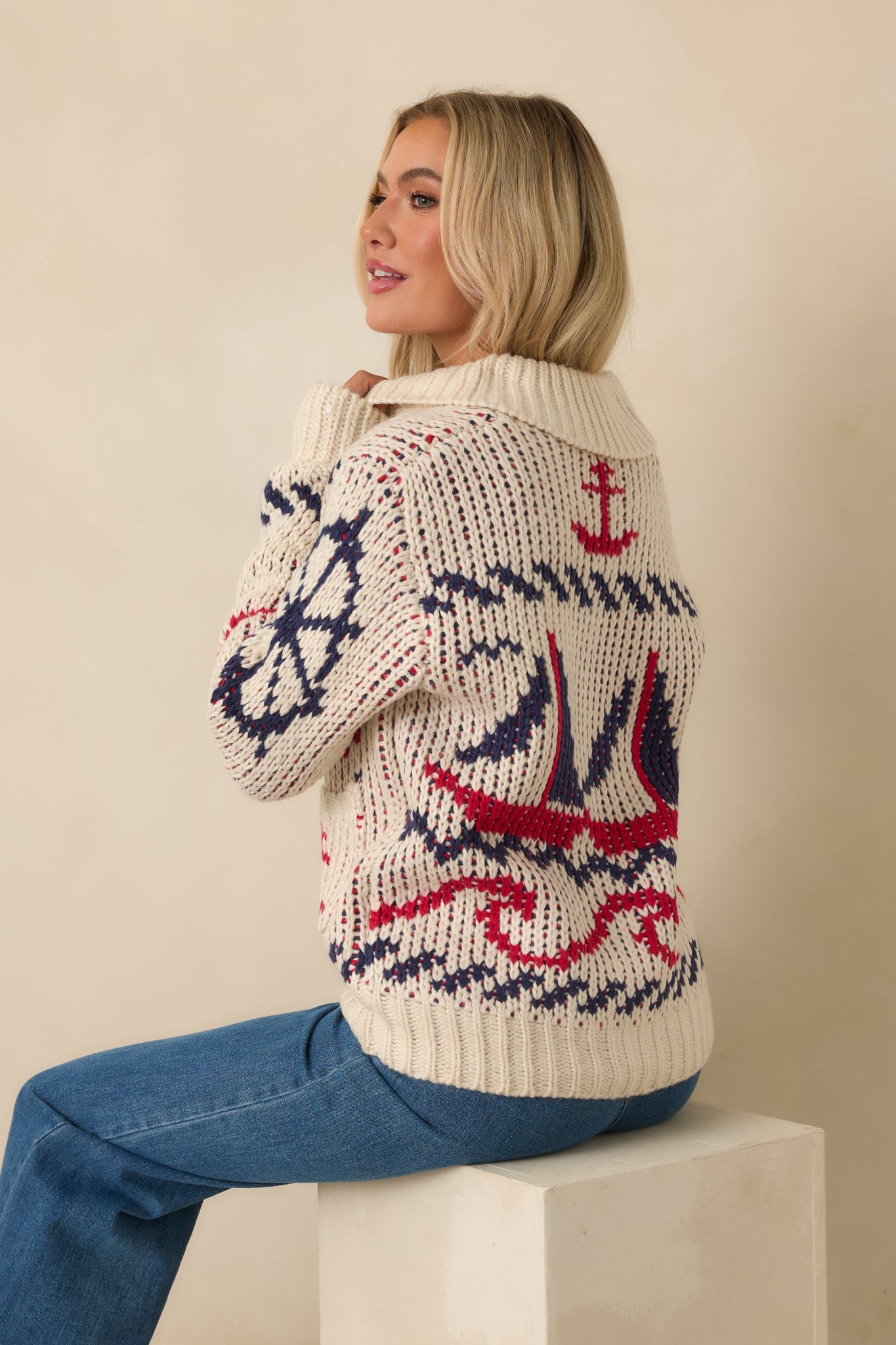 Between Tides Ivory Multi Knit Nautical Zip Up Collared Sweater Jacket
