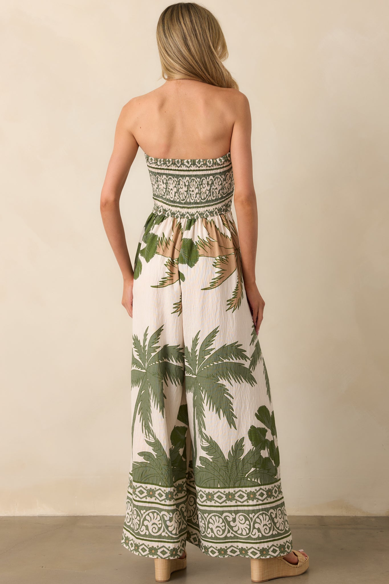 It's Like I Never Left Green Multi Tropical Print Strapless Jumpsuit