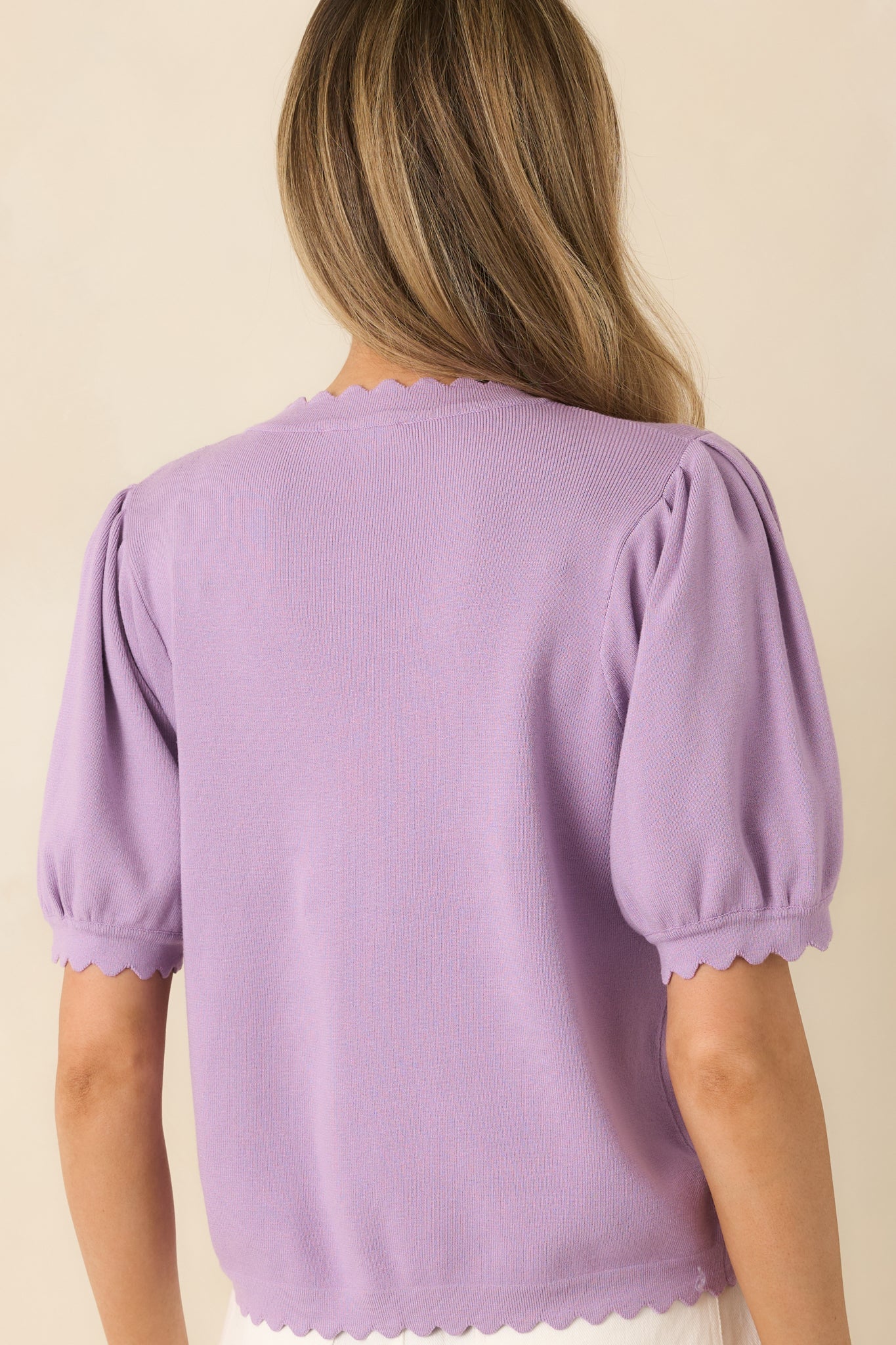Simply So Cute Lavender Knit Scalloped Edge Puff Sleeve Button Up Cardigan