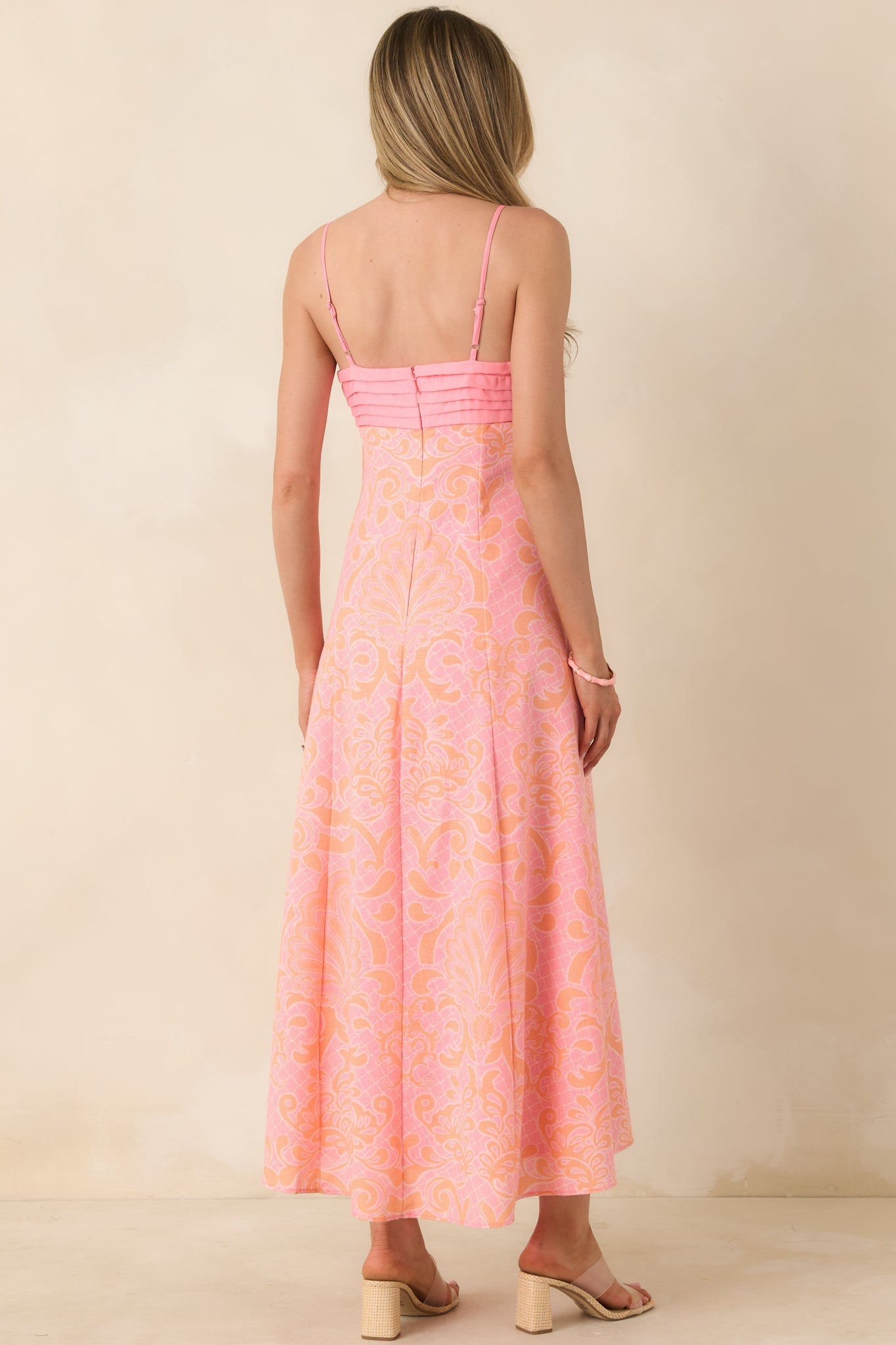 In the Glow Pink & Orange Jacquard Pleated Bust Midi Dress