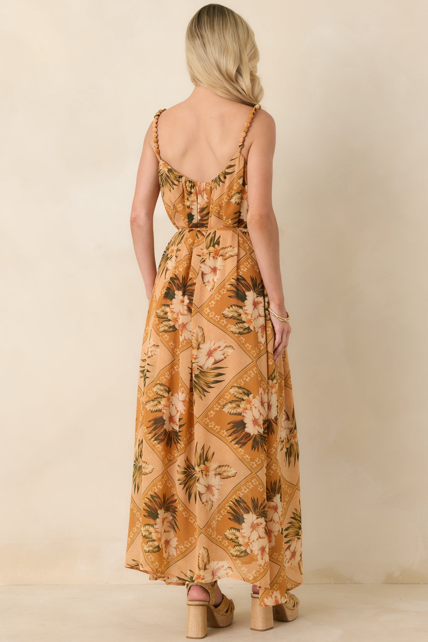 Paradise Calling Peach Multi Tropical Print Beaded Strap Maxi Dress