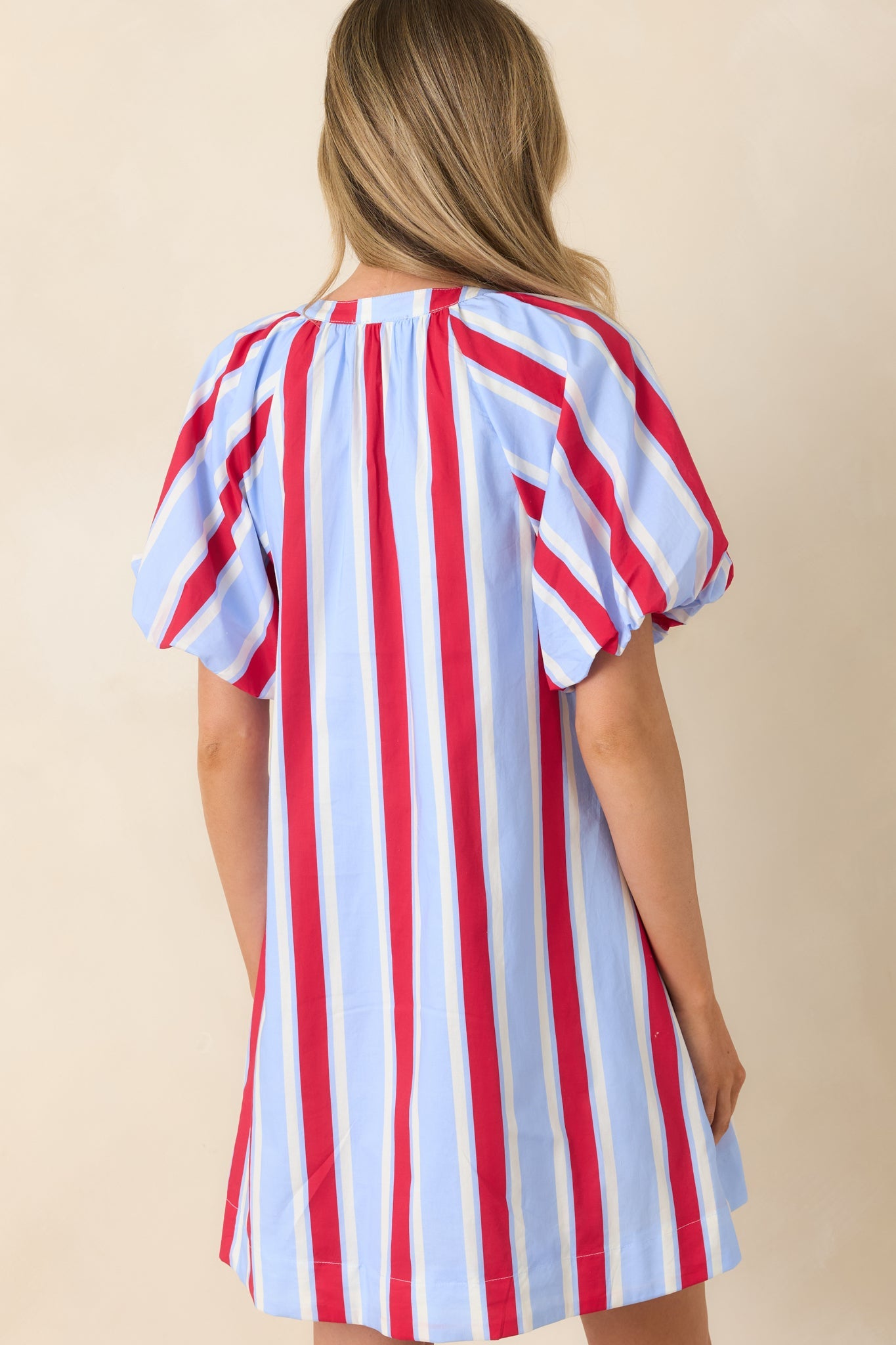 Sweet Summer State Red & Light Blue Stripe Cotton Puff Sleeve Mini Dress