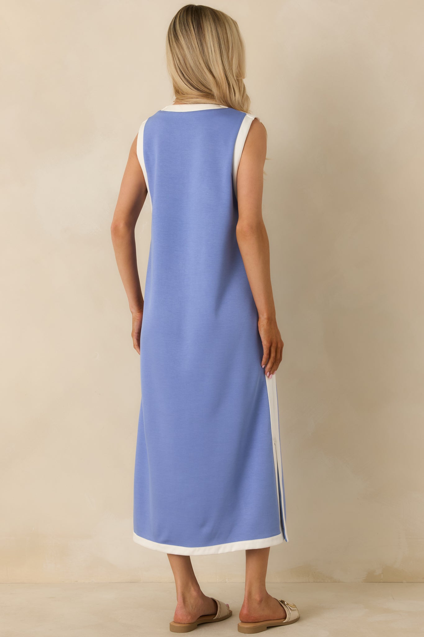 Perfectly Framed Blue Jersey Knit Contrast Trim Sleeveless Maxi Dress