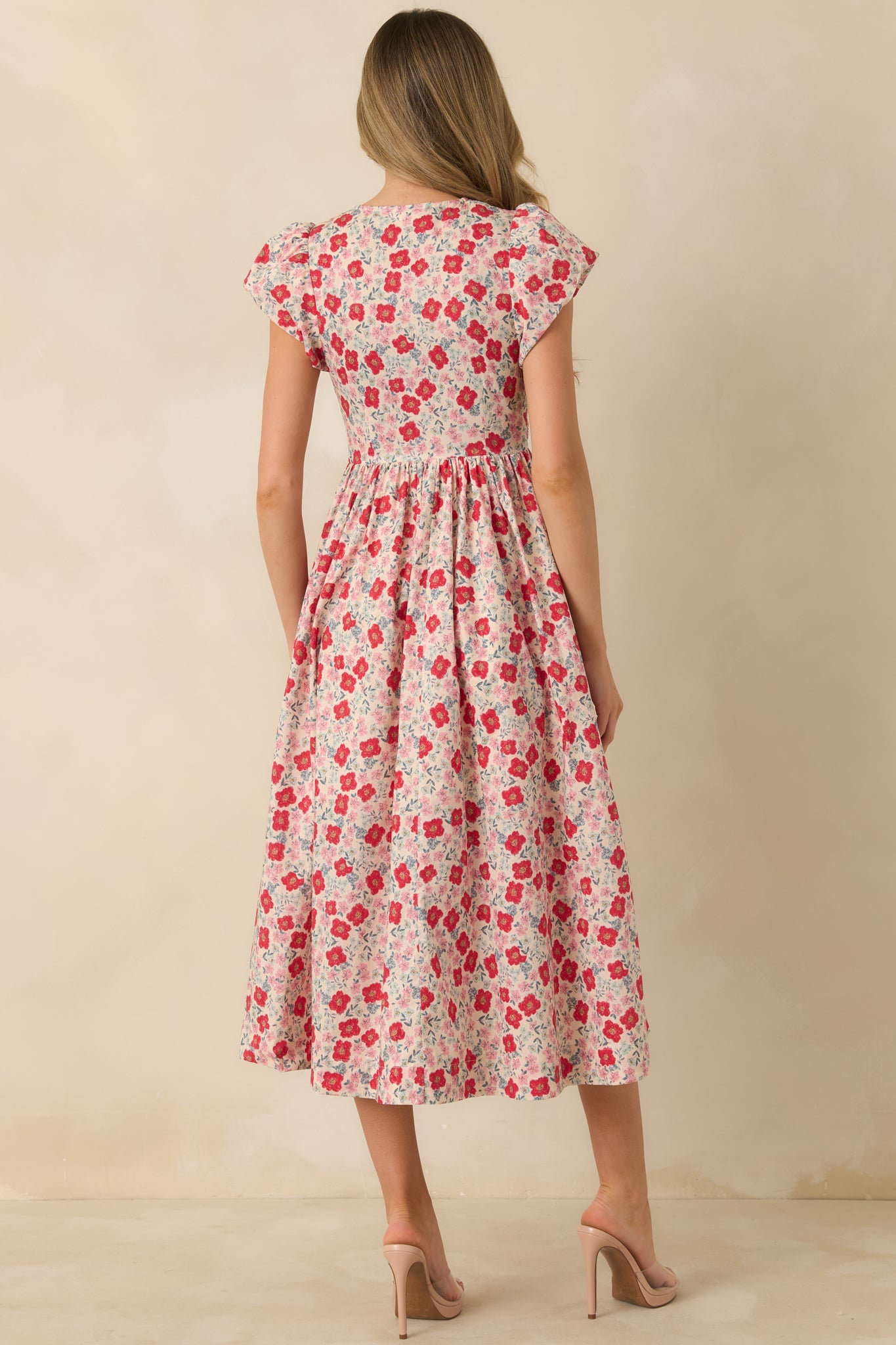 Tied With Love Red Multi Floral Print Cotton Bow Detail Midi Dress