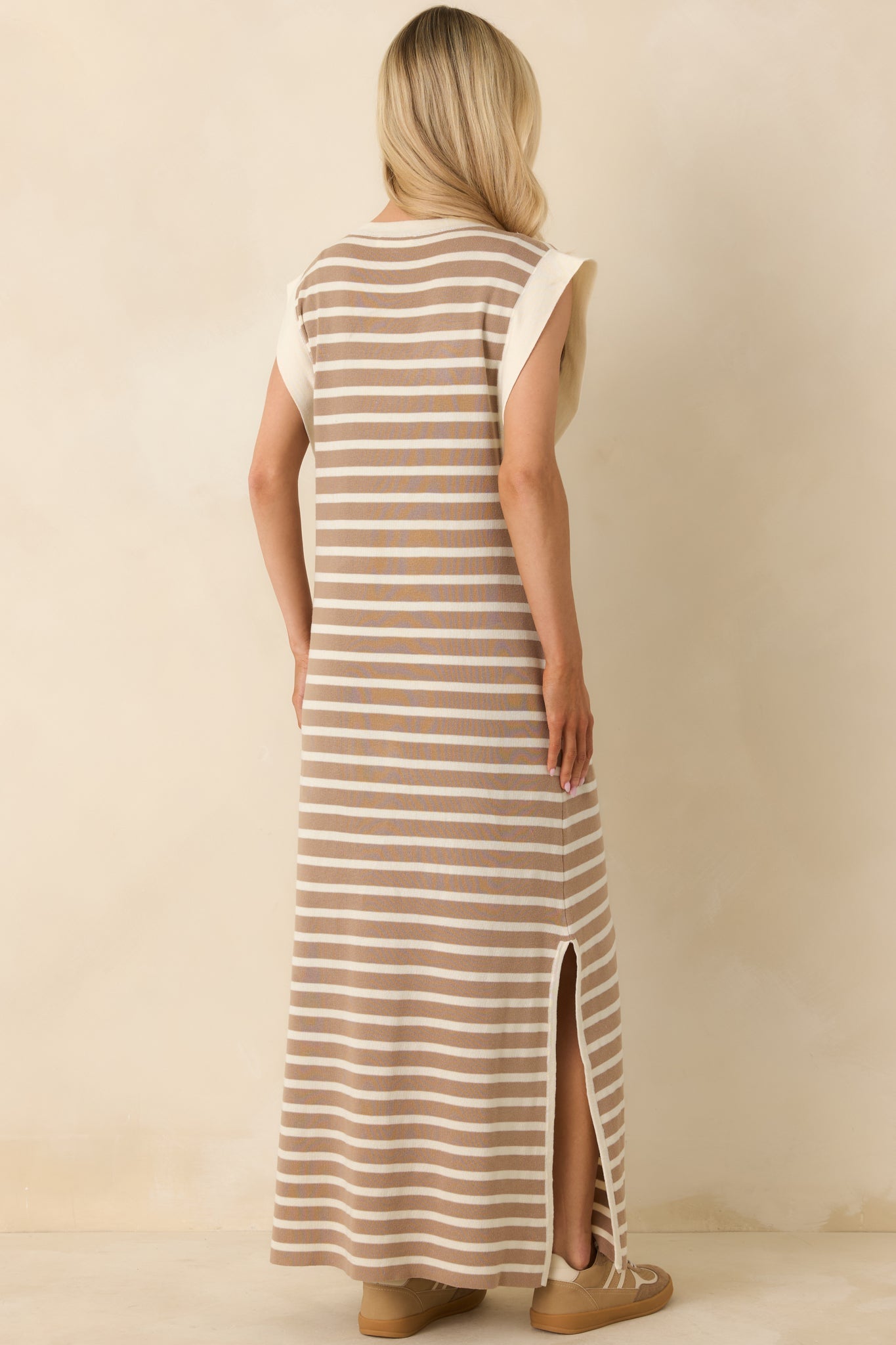Keep It Straight Taupe Stripe Stretch Knit Maxi Dress