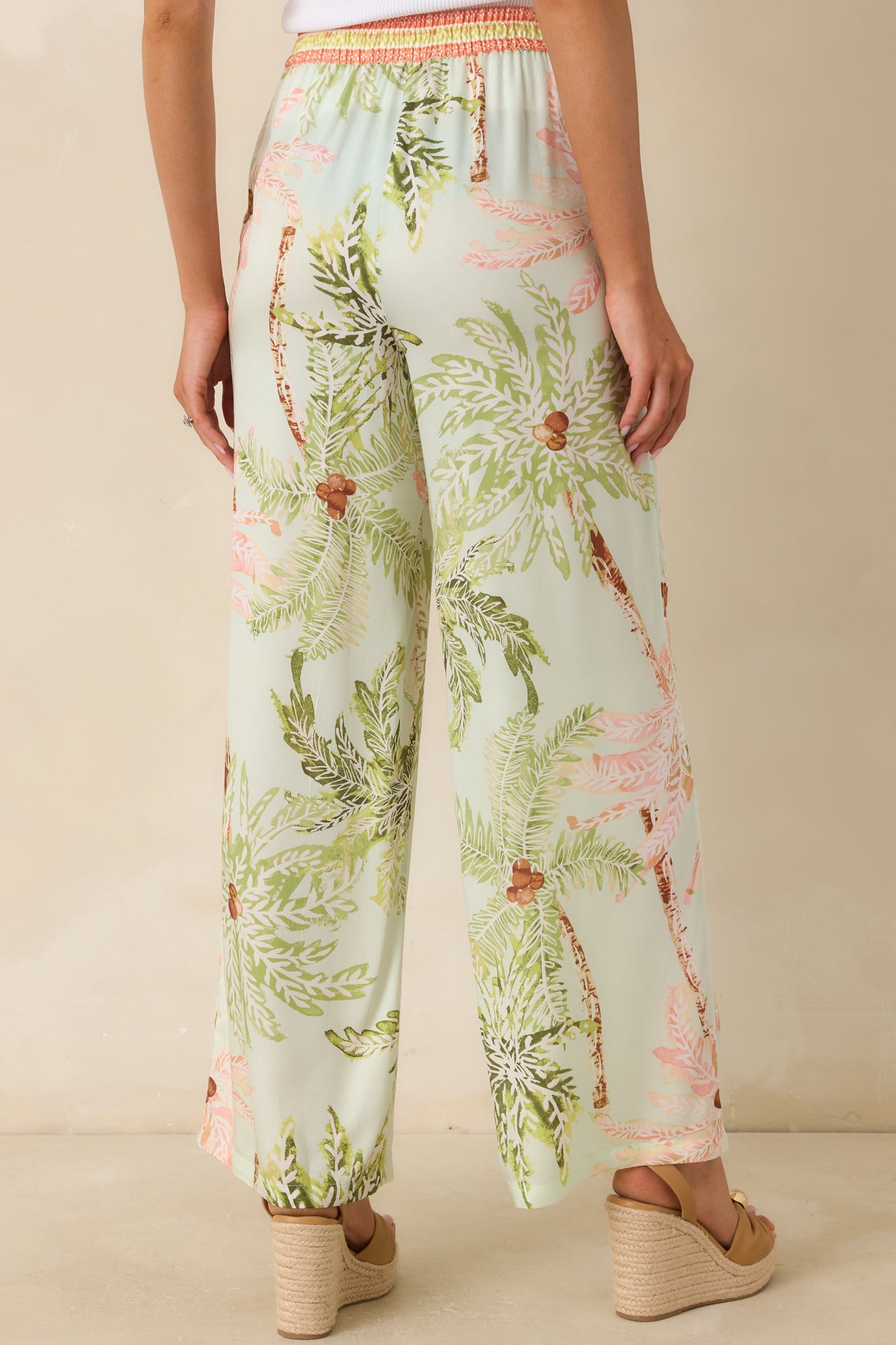 Palm Breeze Seafoam Green Palm Print Drawstring Pants
