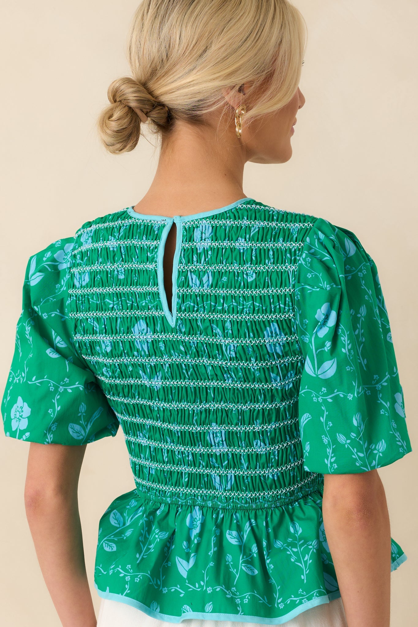 Here And There Kelly Green Floral Print Cotton Peplum Top