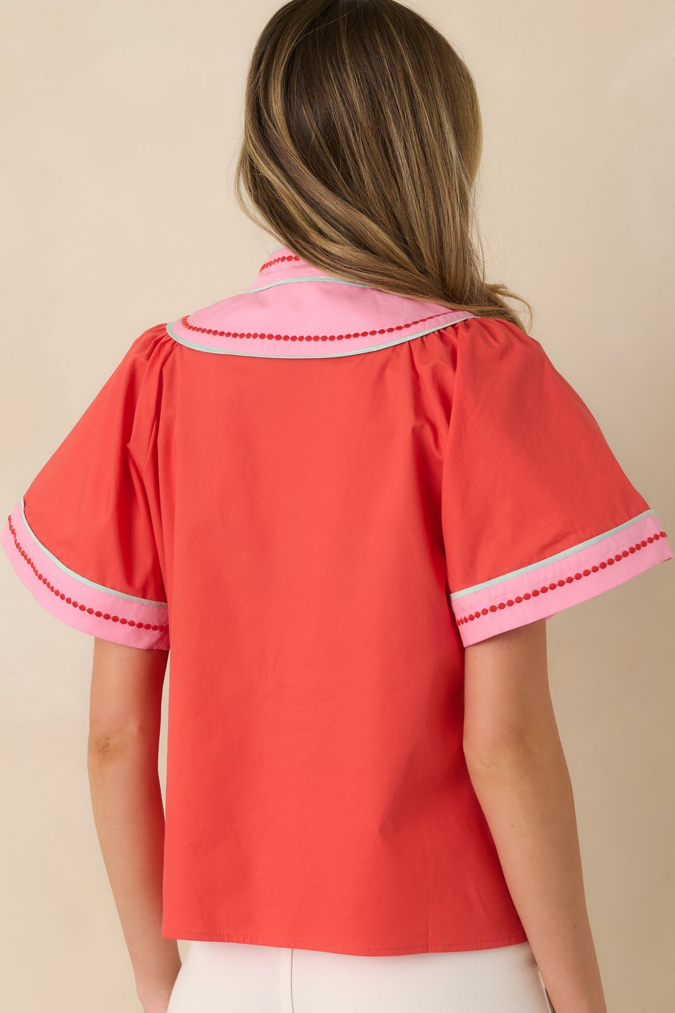 Creative Energy Poppy Red & Pink Cotton V-Neck Top