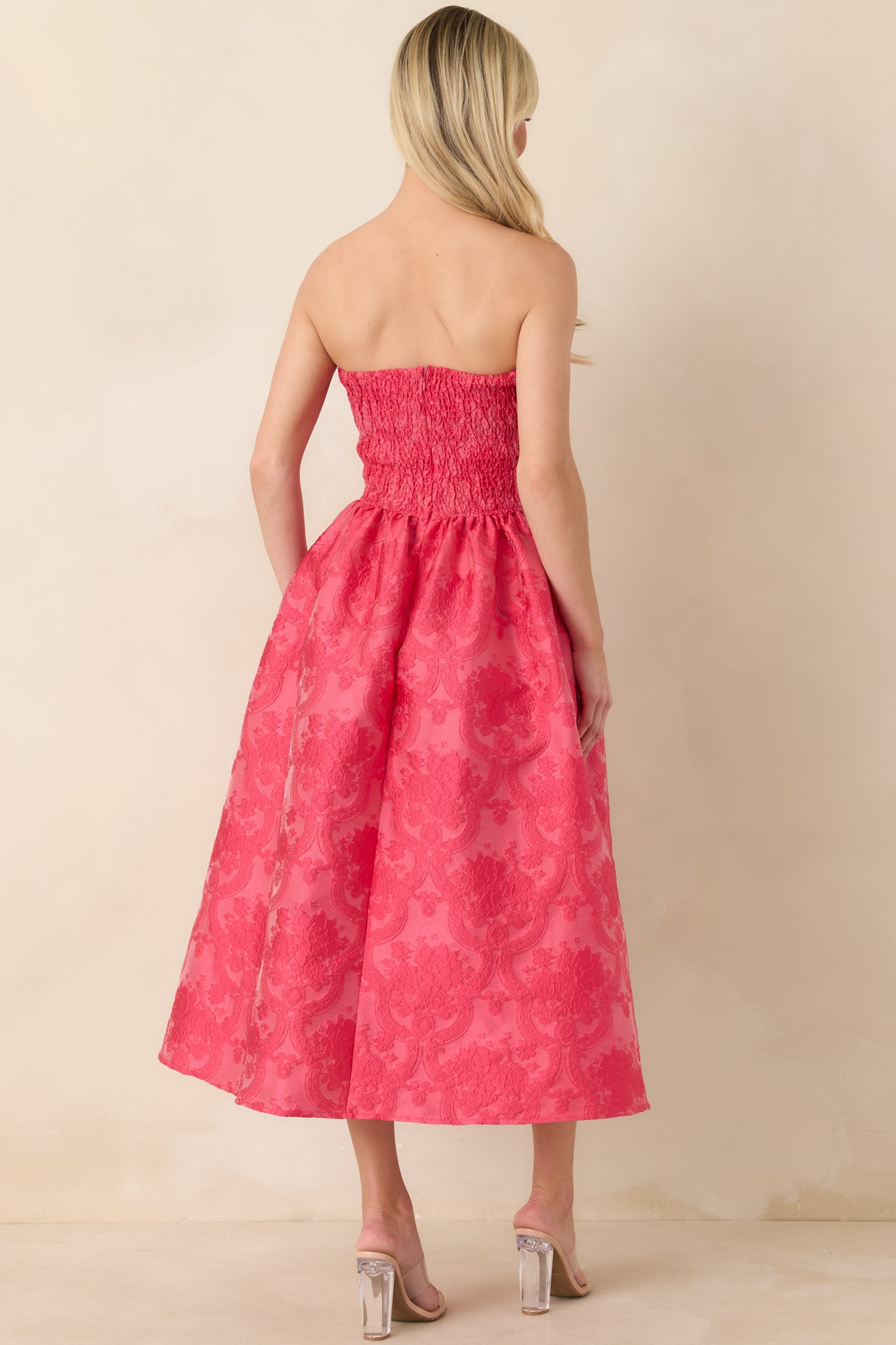 The Genevieve Hot Pink Jacquard Strapless Midi Dress