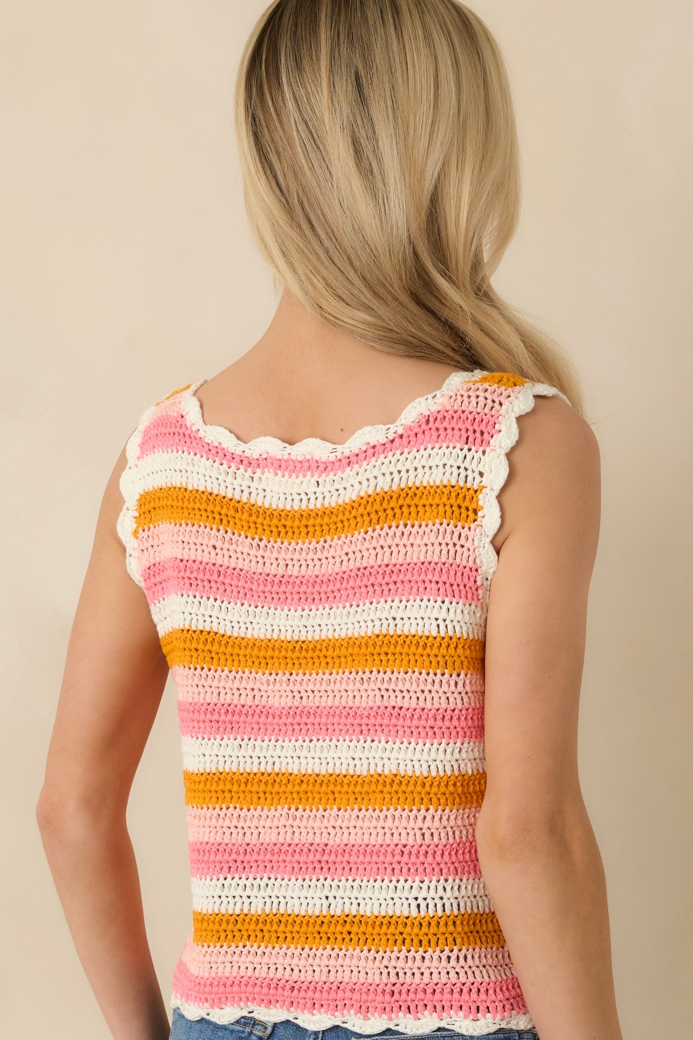 Sunkissed Sorbet Pink & Orange Stripe Crochet Knit Tank Top
