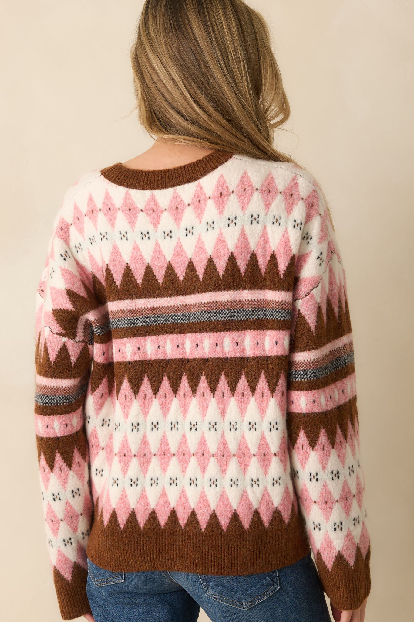 Worth The Mention Pink Multi Argyle Fair Isle Knit Crewneck Sweater