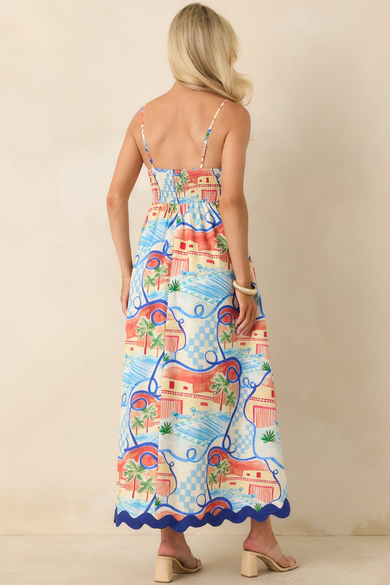 Passport to Paradise Coral Orange & Blue Poolside Print Maxi Dress