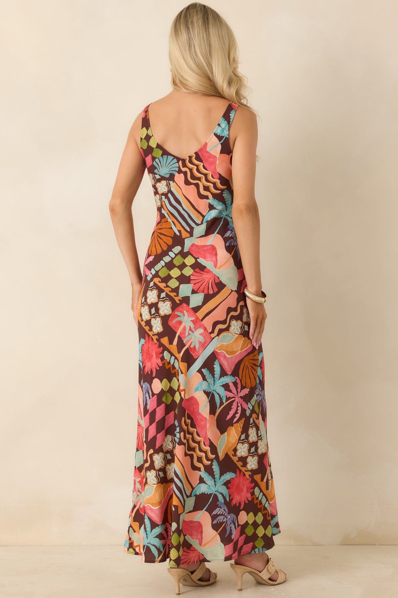 MINKPINK Isola Brown Multi Vintage Coastal Print Keyhole Midi Dress