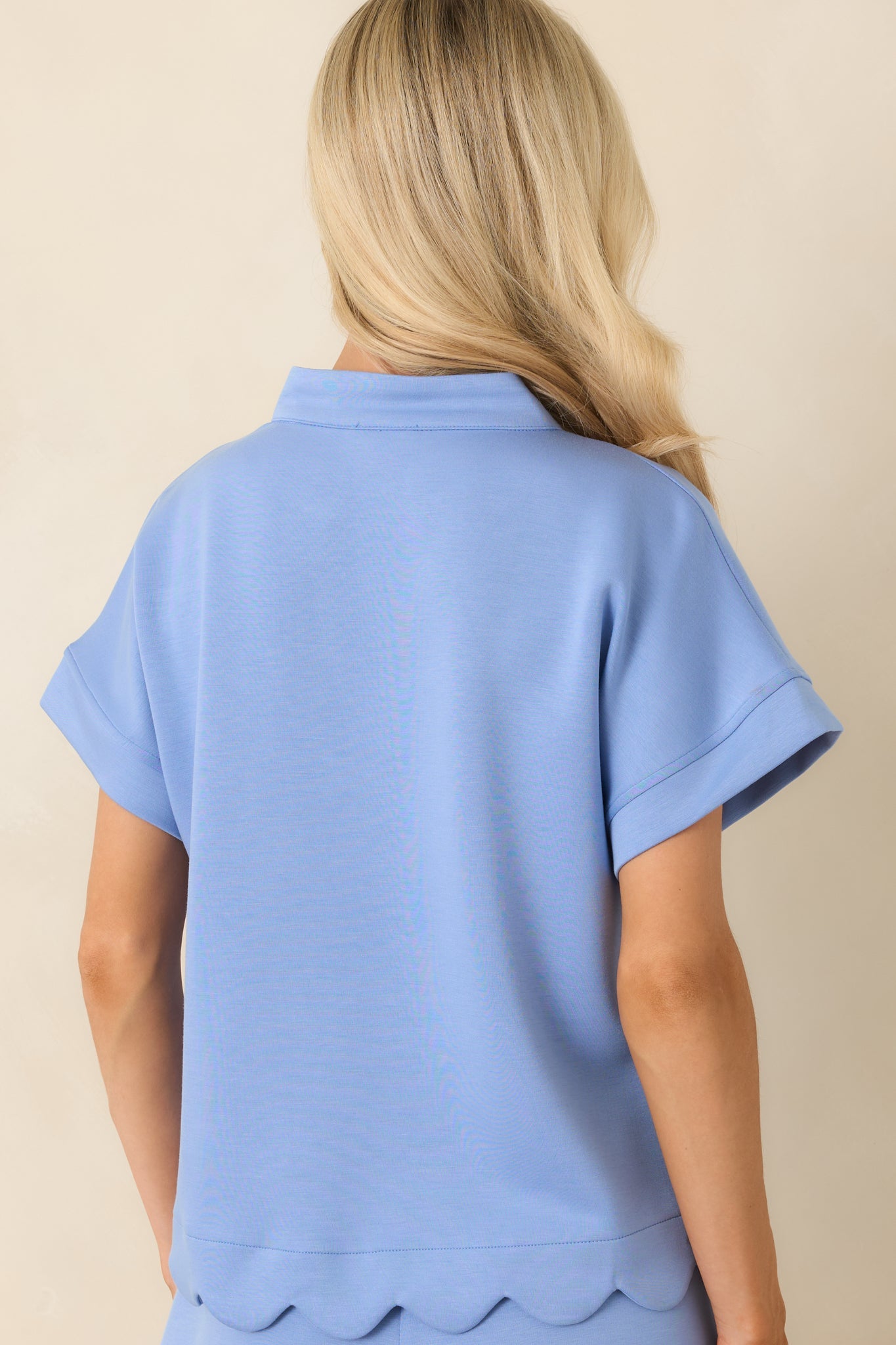 First Class Flirt Light Blue Scalloped Hem Top
