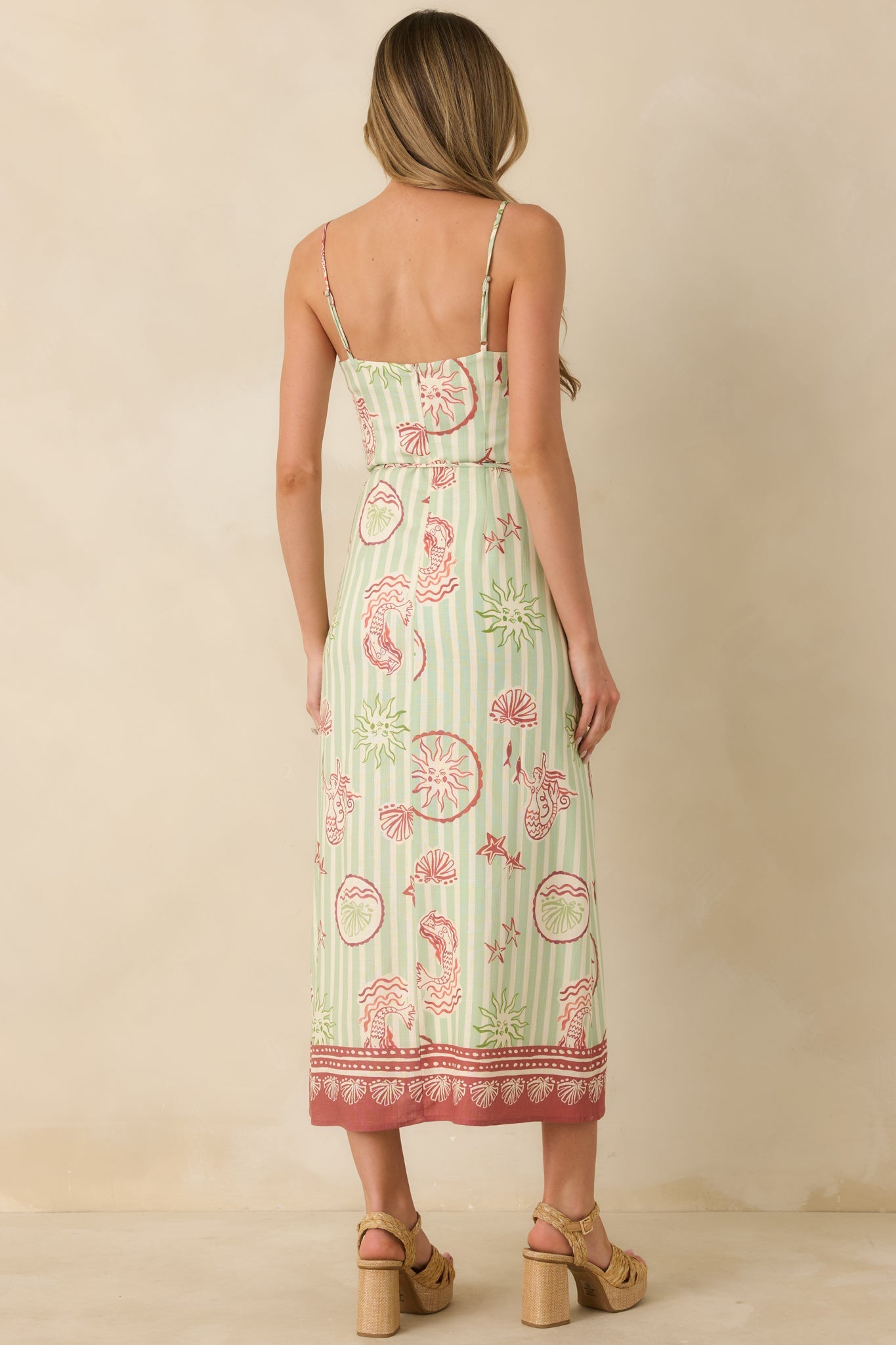 MINKPINK Soleil Green Stripe Linen Blend Tie-Waist Midi Dress