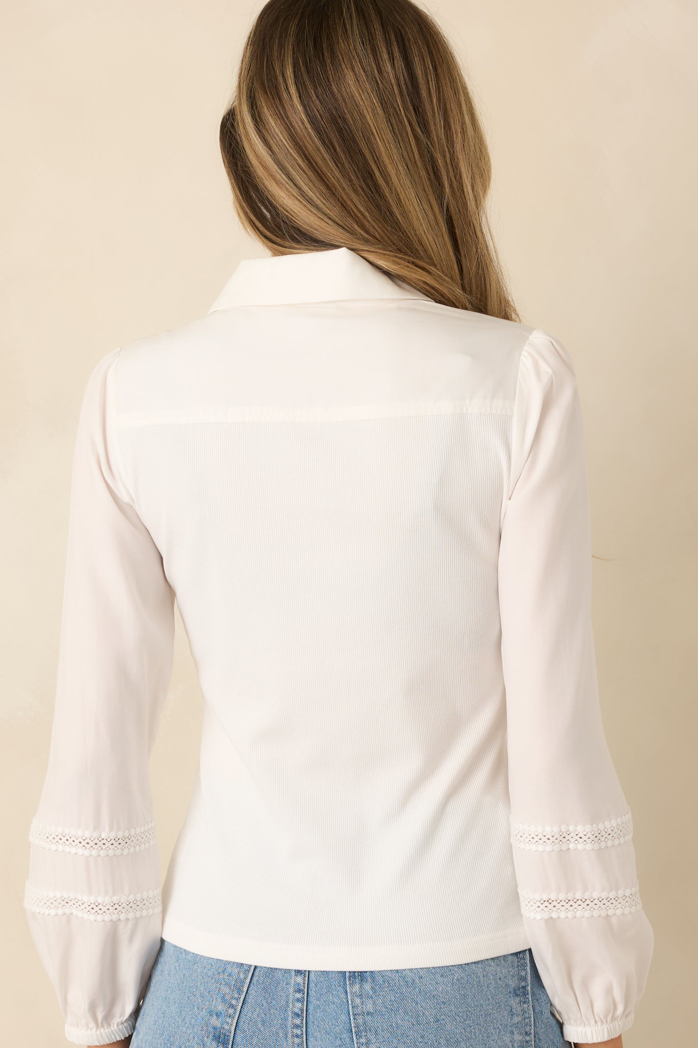 Effortlessly Neat White Ribbed Knit Lace Detail Collared Top