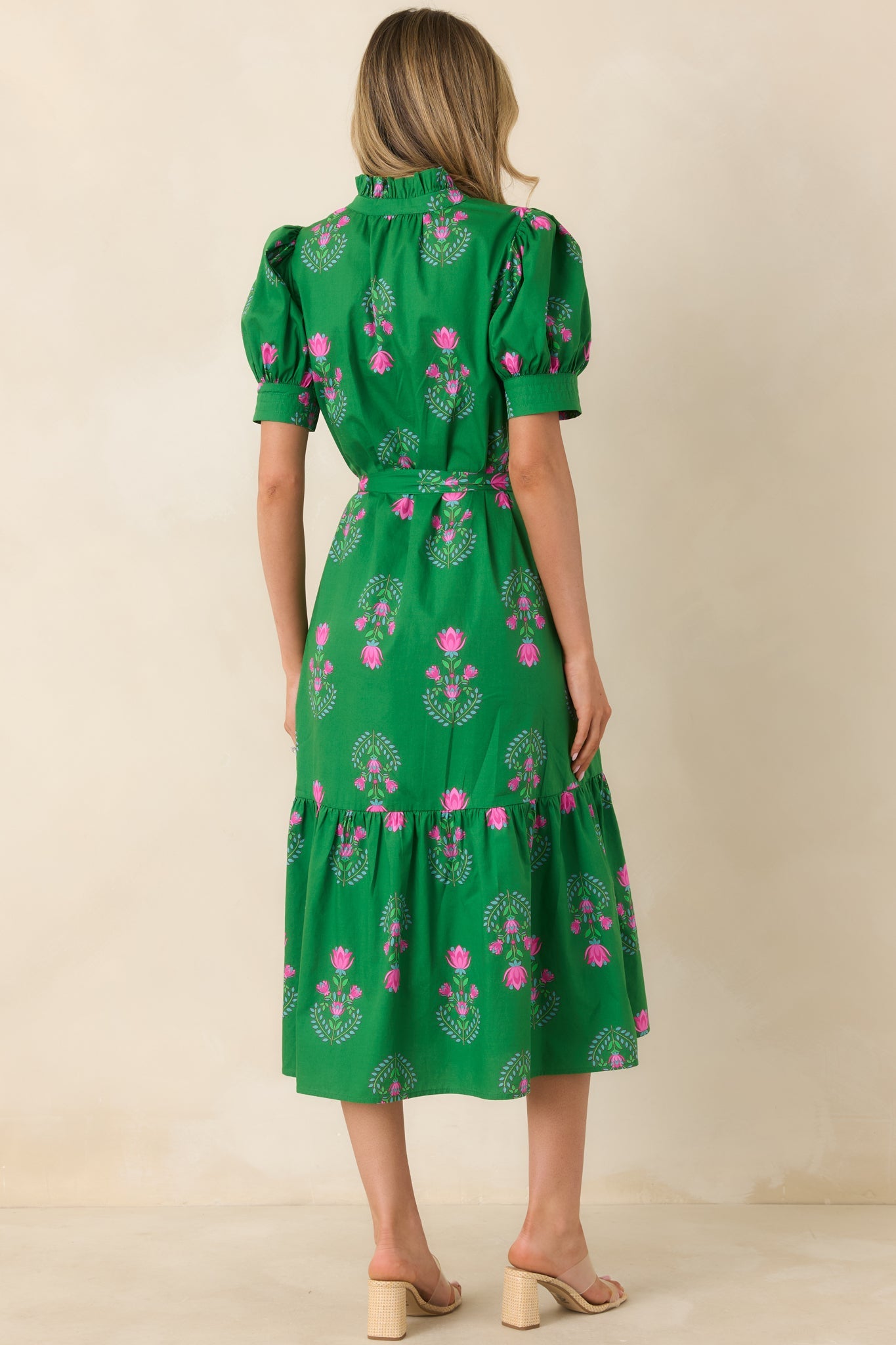 Free To Fly Green Cotton Floral Button Front Midi Dress