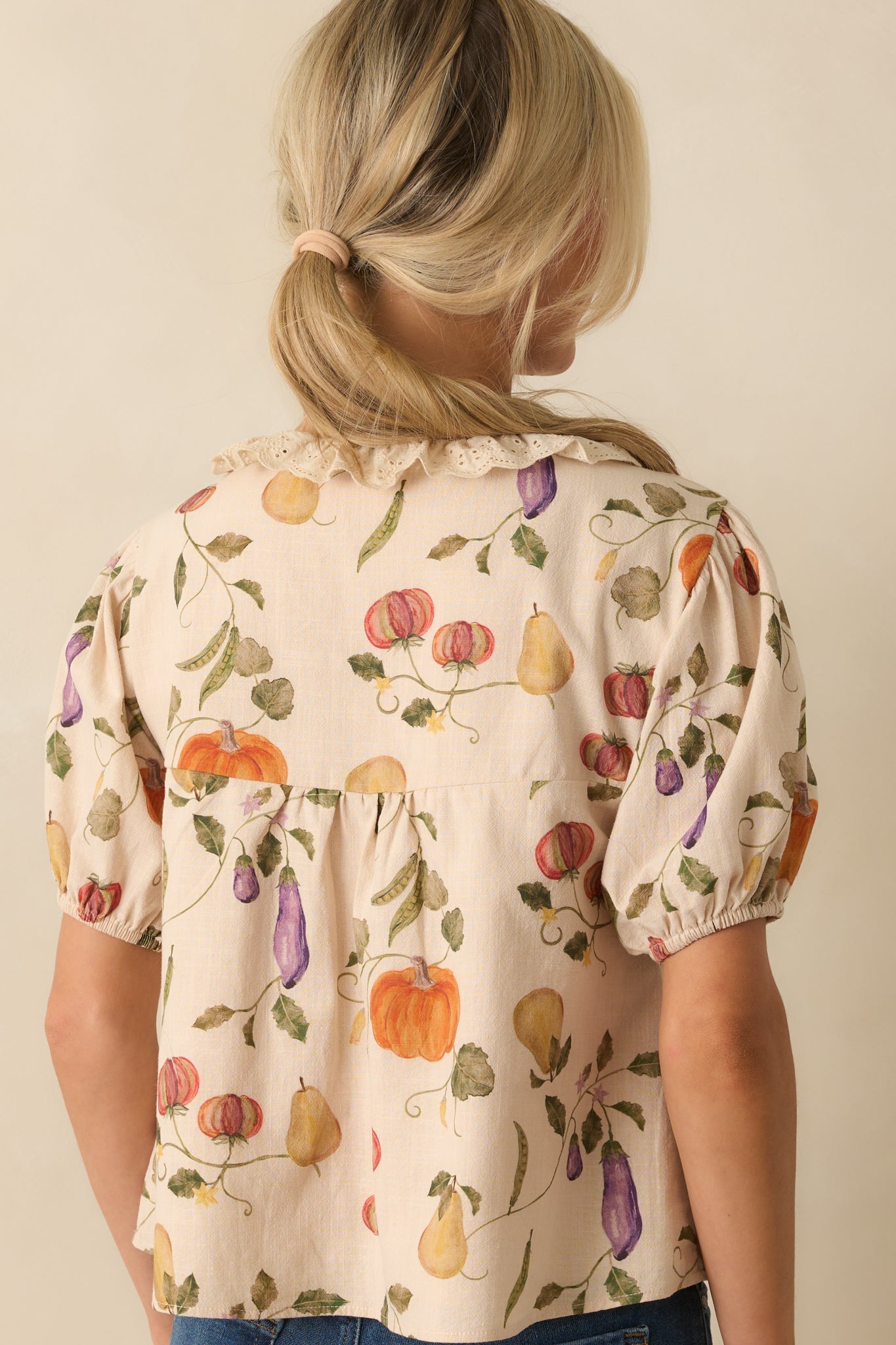 I Meant It Ivory Multi Vegetable Print Cotton Puff Sleeve Top